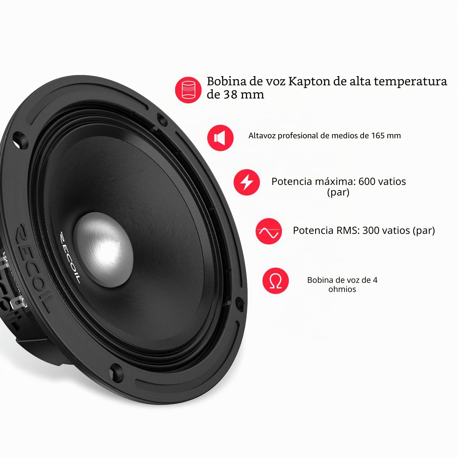 RECOIL MS65-4P Altavoces para Coche Pro Audio de Rango Medio de 6,5" (17cm), 600 vatios máximo, 300 vatios RMS, 4 ohmios, Bobina de Voz Kapton de Alta Temperatura de 1,5 Pulgadas