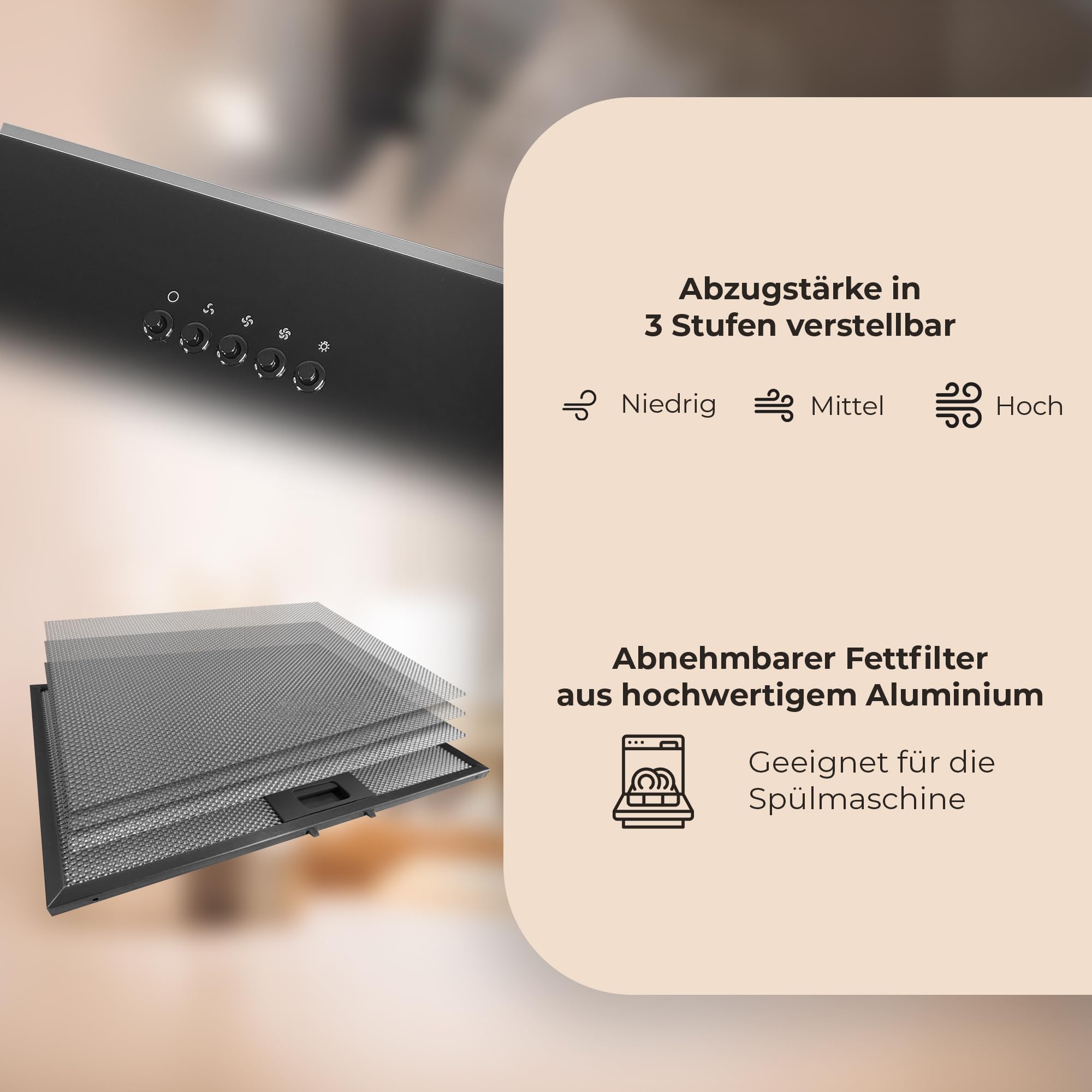 YUNA Dunstabzugshaube DUSICA 60 cm Schwarz Glasfront 3 Leistungsstufen 47W Motorleistung Energieeffizienz A Abluft Umluft Kopffrei LED Beleuchtung Ohne Kohlefilter Wandhaube