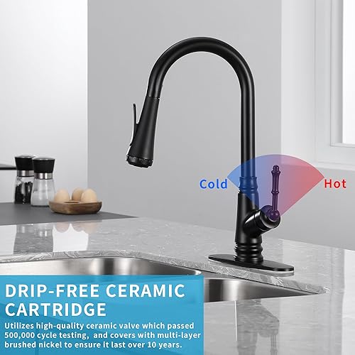 Miniatura 2 de Grifos de cocina negros con pulverizador desplegable de una sola manija, grifo de fregadero de cocina de 4 funciones con manguera de suministro,
