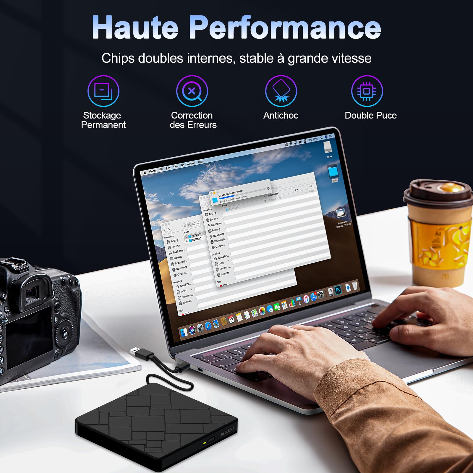 Beizkna Lecteur CD DVD Externe pour PC USB 3.0 & Type C Portable Lecteur DVD Graveur CD ROM +/-RW DVD Externe pour PC Laptop Desktop iMac MacBook Pro/Air Windows 11/10/ 8/7/ XP/Linux/Mac OS