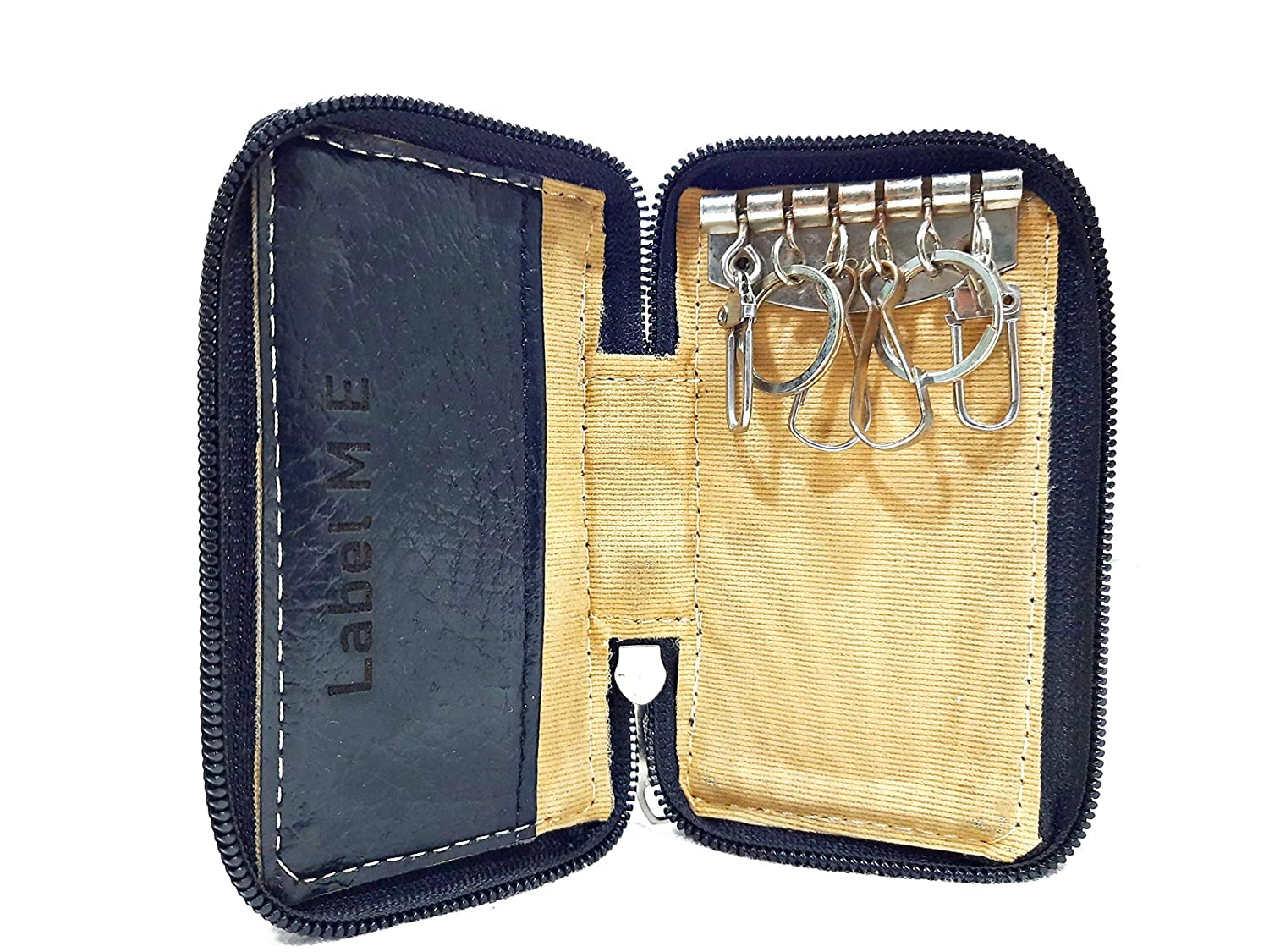 Tiny SoulsPU Leather Key Case Pouch Wallet Keychain Key Holder Ring with 6 Hooks Zipper, Emergency Cash Pocket (12.5 x 7.5 cm) (Black, 12.5cm x 7.5cm) | Pack of 1