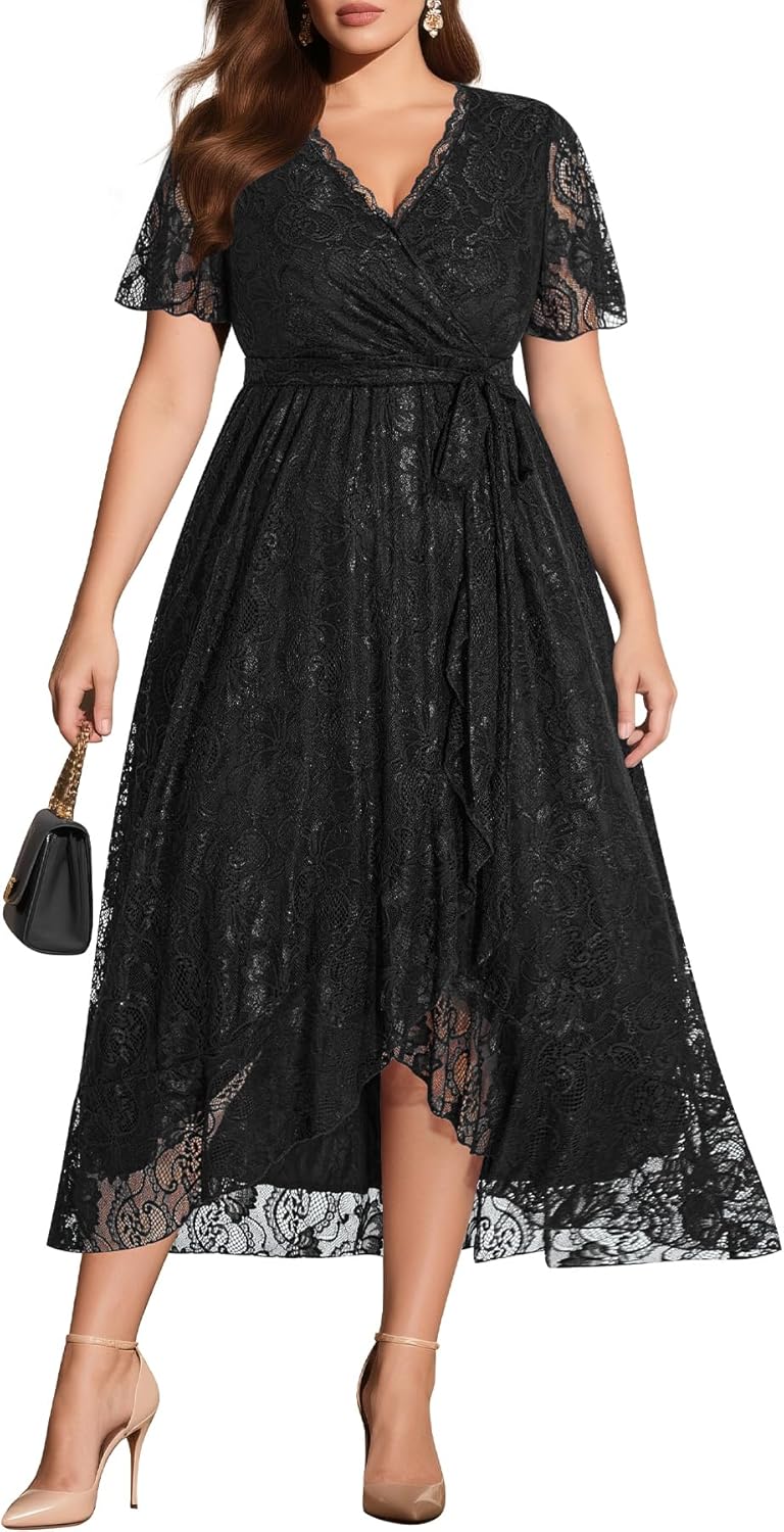 Plus Size Dresses Wedding Guest - Formal Cocktail Party Long Lace High Low Wrap V Neck Dress