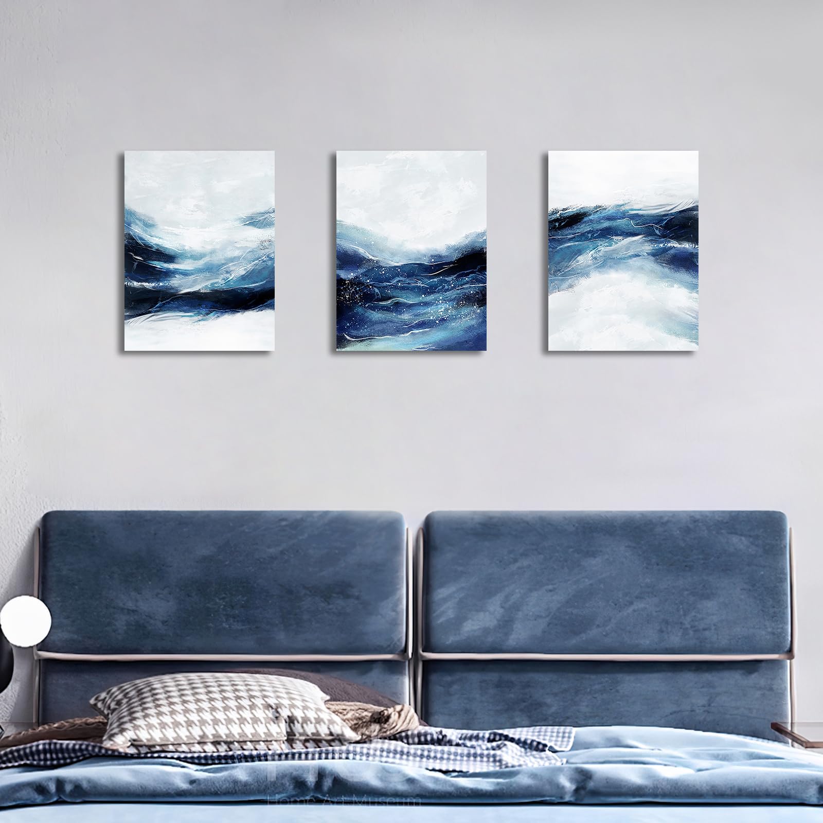 FajerminArt 3Pcs Dark Blue Modern Living Room Painting Framed Abstract Blue White Canvas Wall Art Pictures Printing Canvas Artwork Wall Decor for Bedroom Bathroom Office Ready to Hang 30x40cmx3 Pcs — view 4