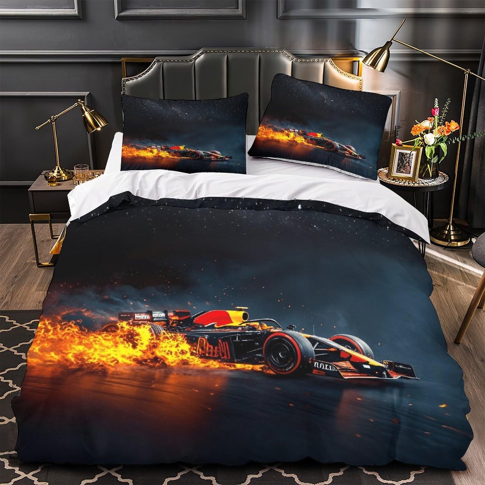 XiaopangXY Lovingly Formulaa Racing Comforter Cover Double（200x200cm）, Racing Car Duvet Cover with Pillowcases, Soft Microfiber Racing Car Quilt Cover for Boys & Girls