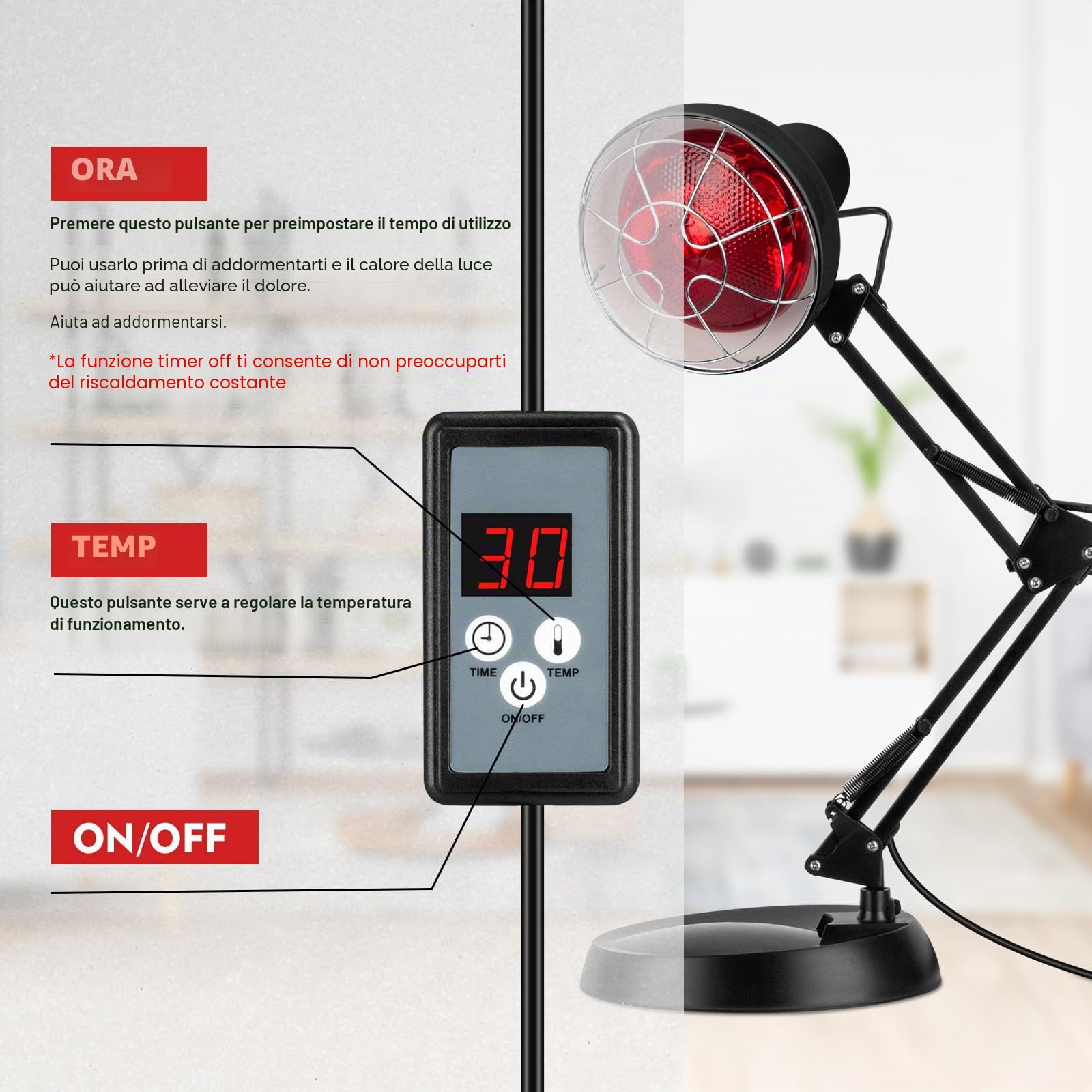 Cozion 150W Lampada di Riscaldamento a In-frarossi, Luce Rossa con Termometro Regolabile, Lampada a In-frarossi Domestica
