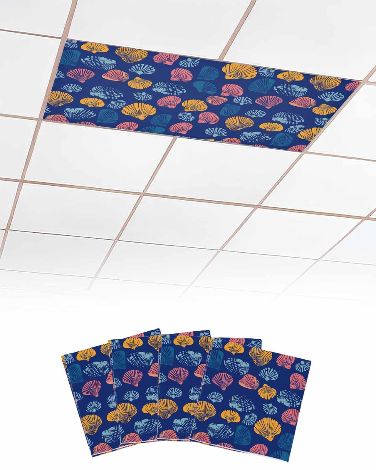 EwdeWwo Ocean 4 Pcs Fluorescent Light Covers for Ceiling Lights, Summer Shell Dark Blue Magnetic Light Filters for Eliminate Harsh Glare Classroom Office Decoration, 4 x 2 Ft