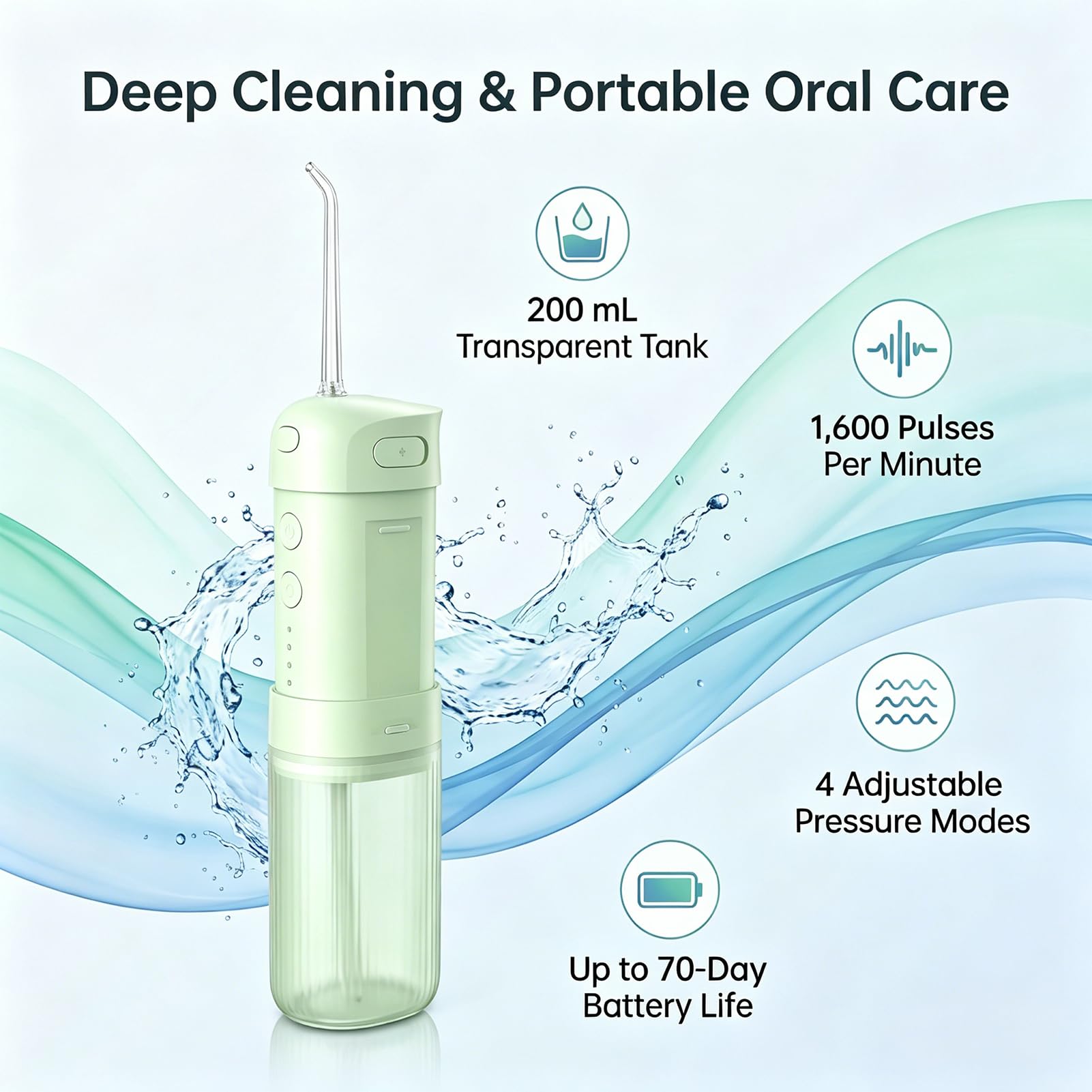 Dispositivo elettrico per filo interdentale, irrigatore orale portatile, serbatoio dell'acqua da 200 ml, durata della batteria 70 giorni, 4 modalità di pressione, lavabile IPX7, per casa e viaggi
