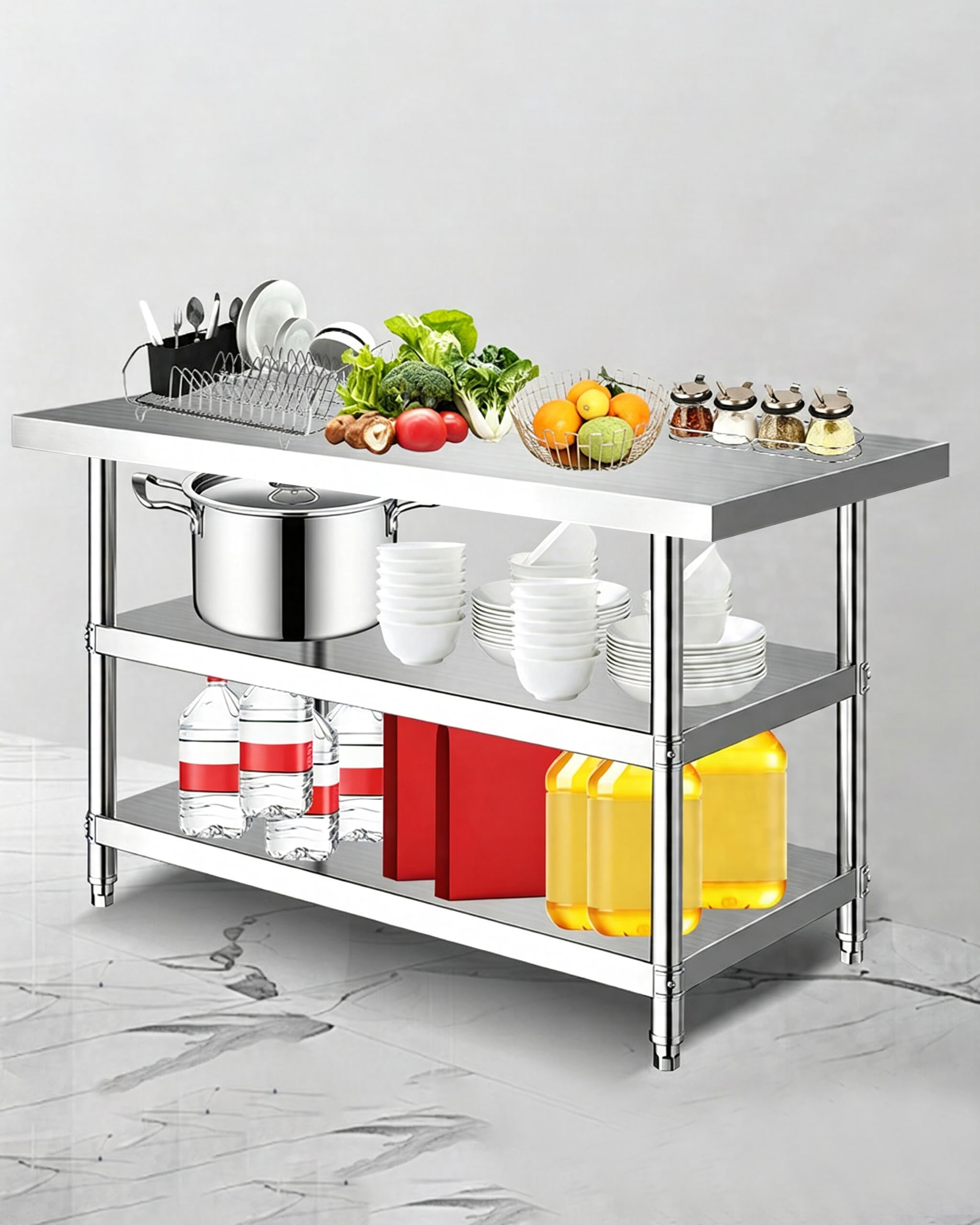 Mesa Trabajo De Acero Inoxidable De 3 Niveles 90 Cm De Altura, Mesa De Preparación Comercial Mesa Trabajo con Estante para Restaurante, Garaje Y Almacene,100x40x90cm