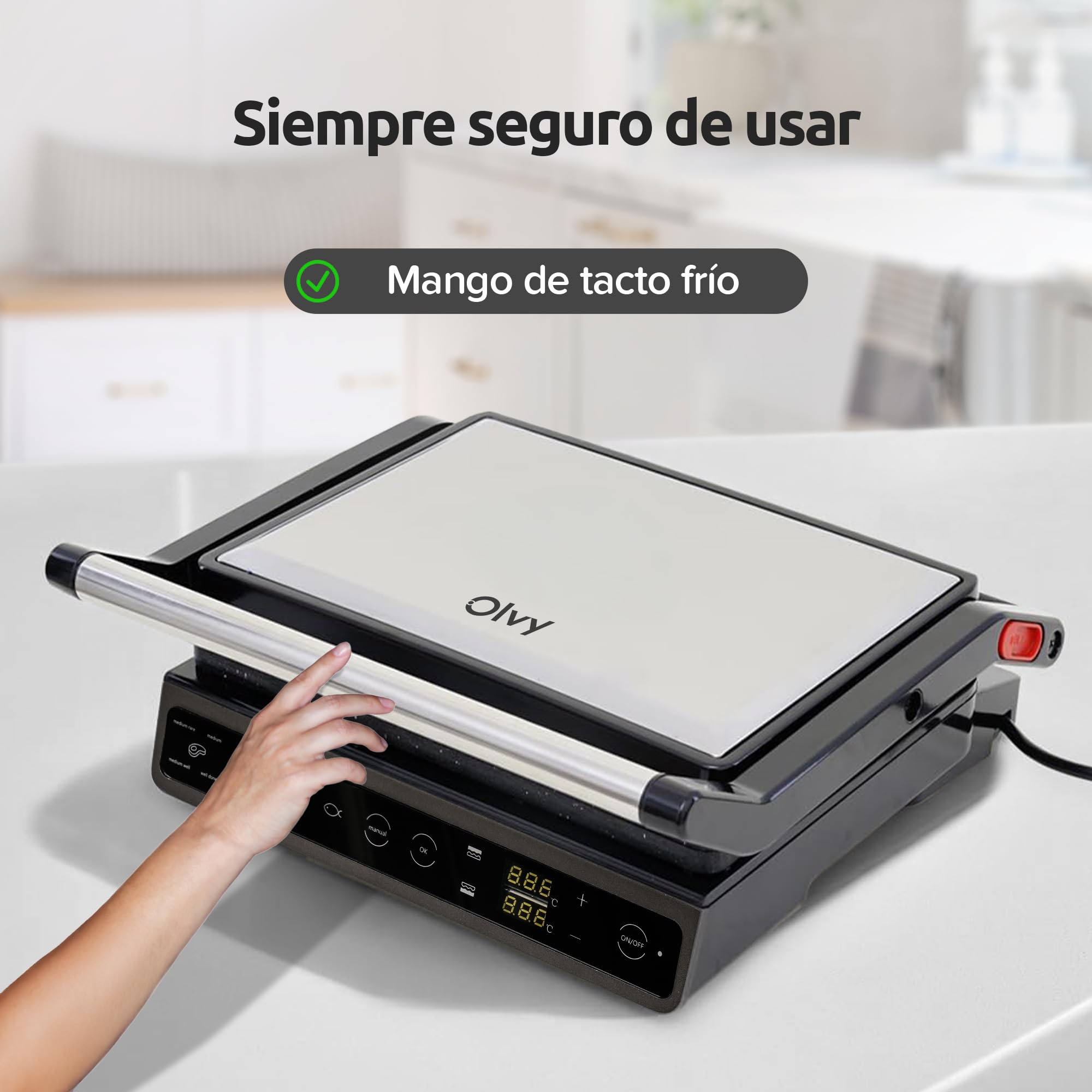 Olvy Parrilla de Contacto con Pantalla Táctil - Sin PFAS - 7 Programas Automáticos - Apertura 180° 1800W - Placas Antiadherentes - Termostato & Temporizador - Sandwichera & Grill para Paninis de Ace