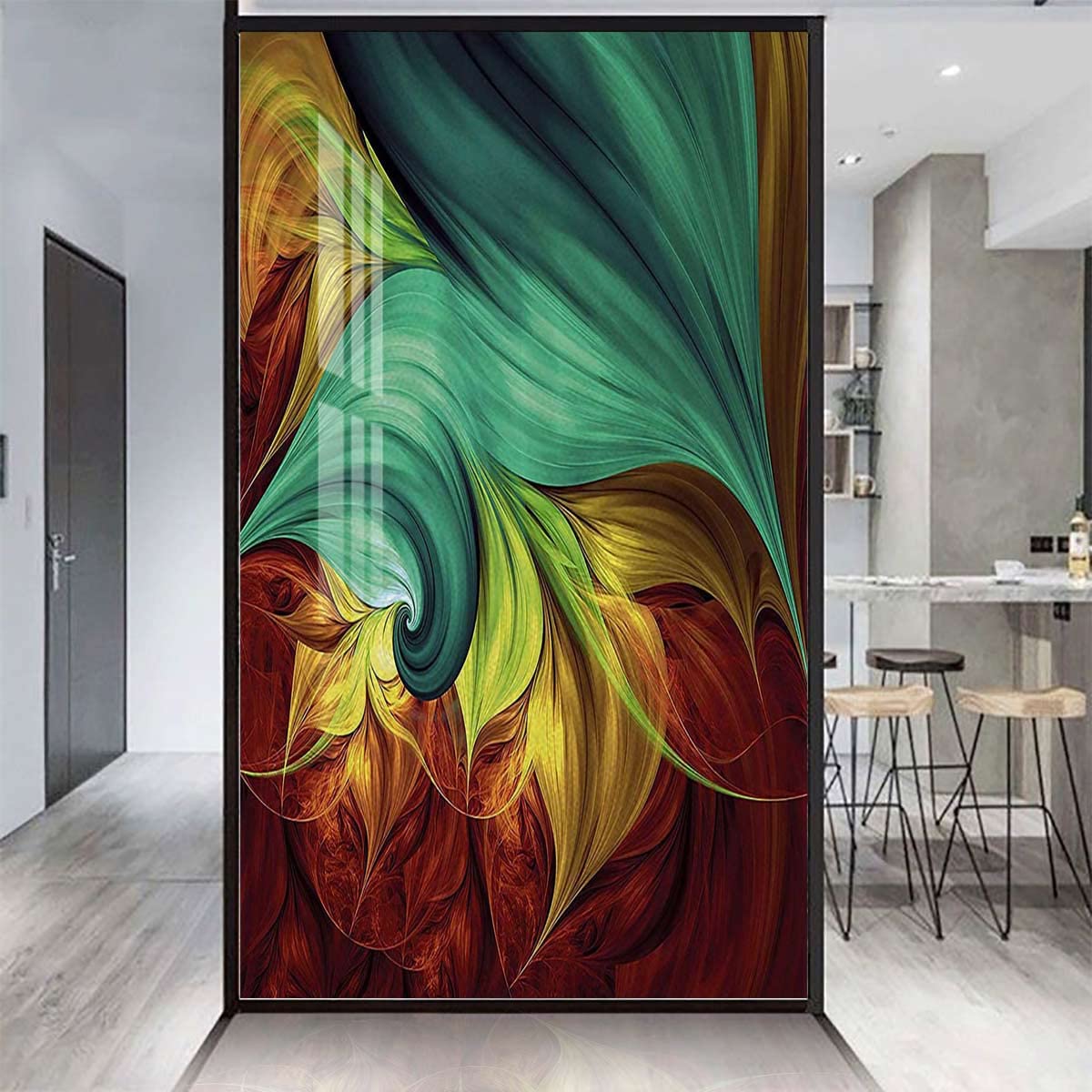 Teal Yellow Ruby Window Film No Glue Privacy Glass Film Color Tones with Artistic Abstract Dynamic Window Film Non-Adhesive Frosting Privacy Film Fractal 17.7Wx23.6L-inch