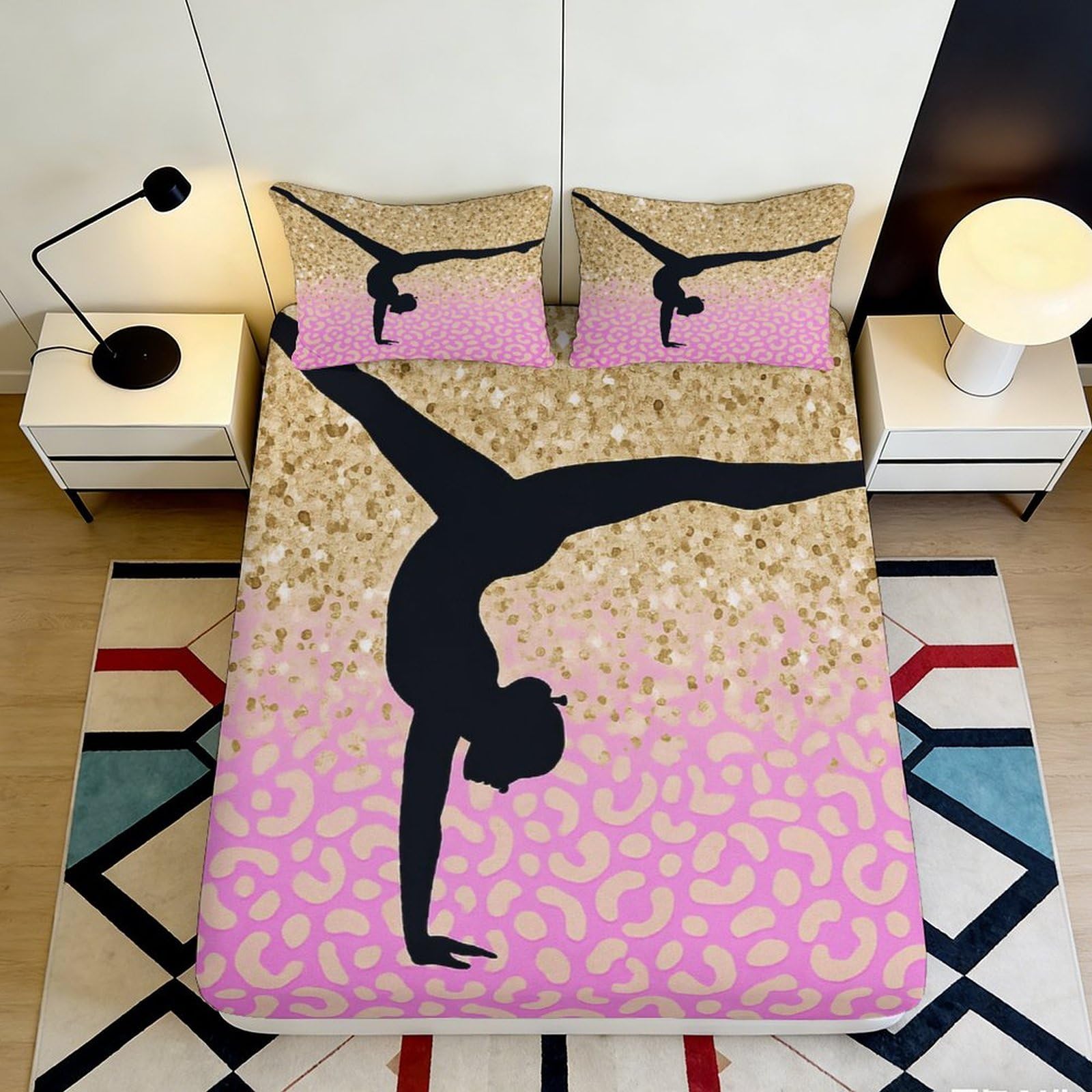 3D Printed Gymnast Silhouette Fitted Sheet Microfiber Soft Breathable Pink Leopard Mattress Cover for Bedroom Dormitory Guest Room Protection Decor 180x200x25cm