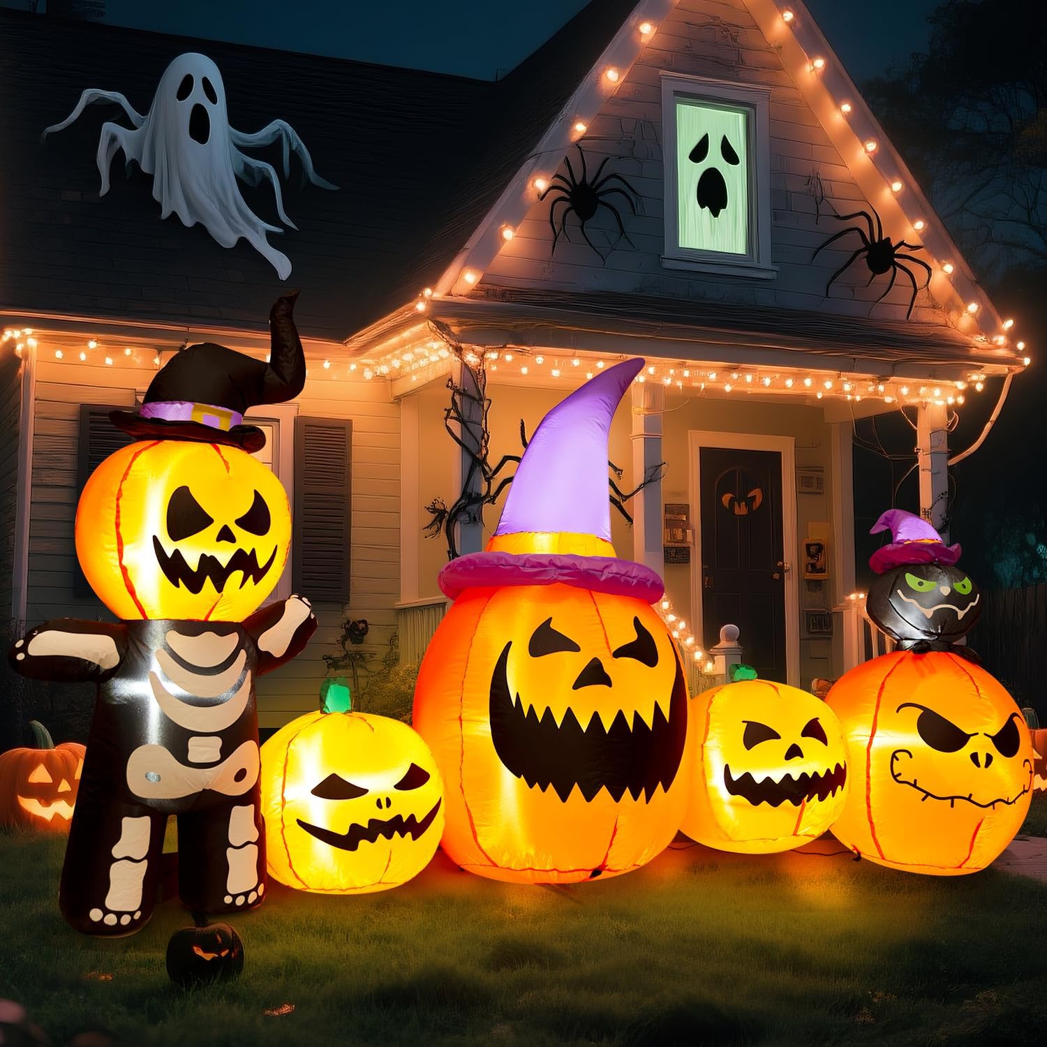 8FT Long Halloween Inflatable Pumpkins Outdoor Decorations, 5 Blow up Pumpkins with Witch Cats Built-in LED Lights, Halloween Inflatables Decor for Outside Yard Lawn