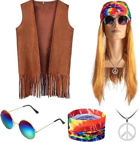 SATINIOR Disfraz hippie de los años 60 y 70 para hombre, con flecos, tela de gamuza, chaleco hippie para Halloween, carnaval, Mardi Gras, fiesta de