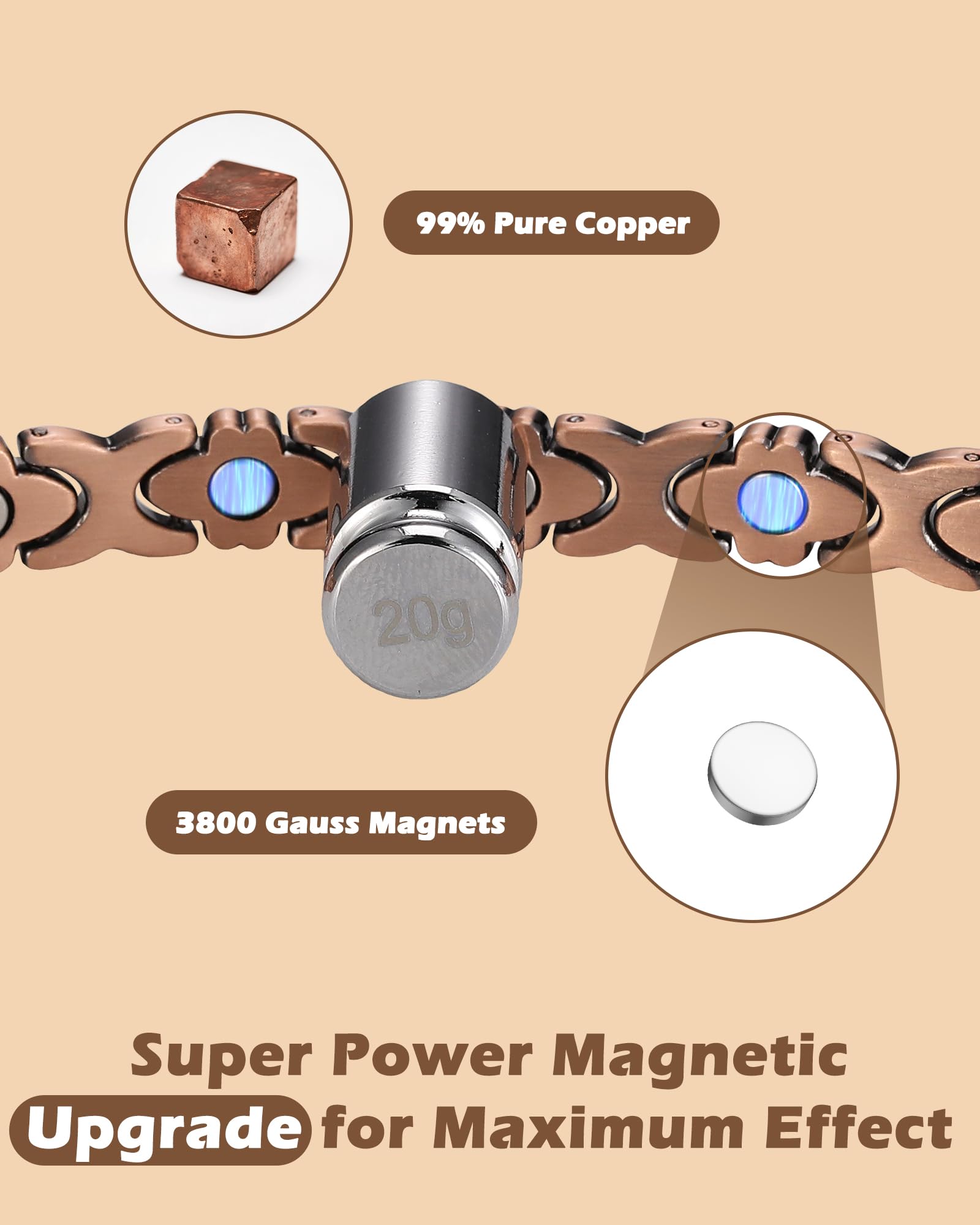 HHRFCS Kupferarmbänder für Damen, Magnetarmband mit 4 Magneten pro Glied und kreisförmig geschliffenen Kristallen, 99% reines Kupfer, Schmuckgeschenk