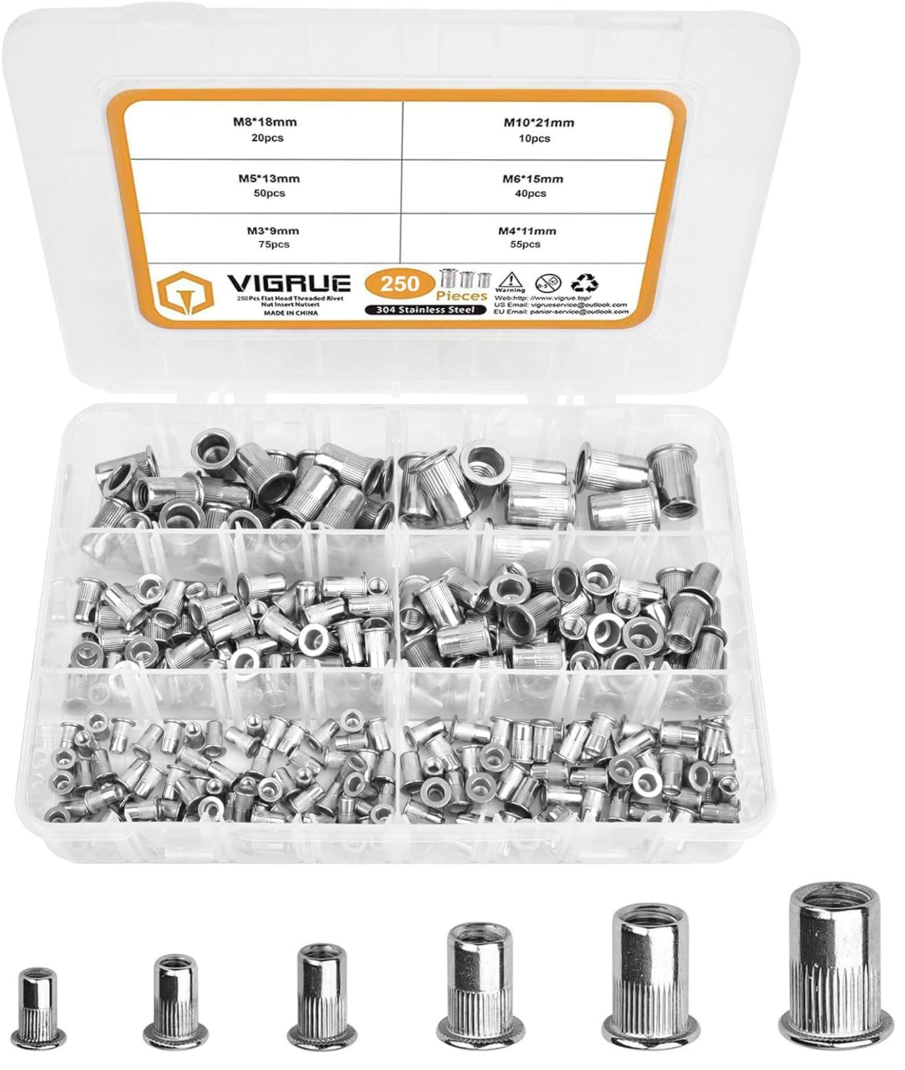 VIGRUE 250 dadi rivetti assortiti, M3, M4, M5, M6, M8, M10, dadi filettati A2-70, in acciaio inox, testa piatta, filettatura Rivet Nutsert Cap, dadi per pinze rivetti