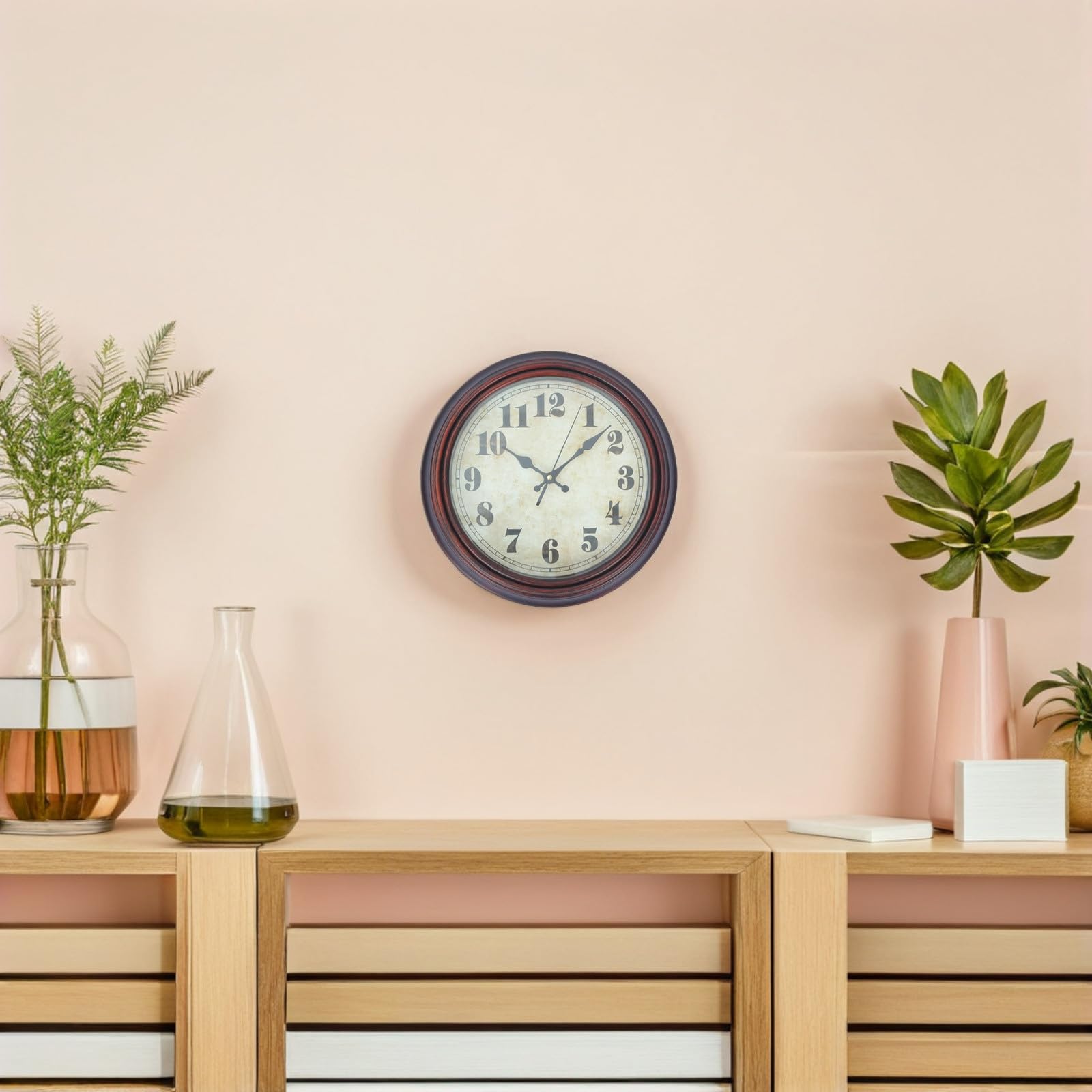 Reloj de Pared Vintage, Reloj de Pared de Cuarzo, 12 Pulgadas, Redondo, Silencioso sin Ruido, Números Clásicos de Alta Visibilidad, de Plástico y Electrónica, para Salón