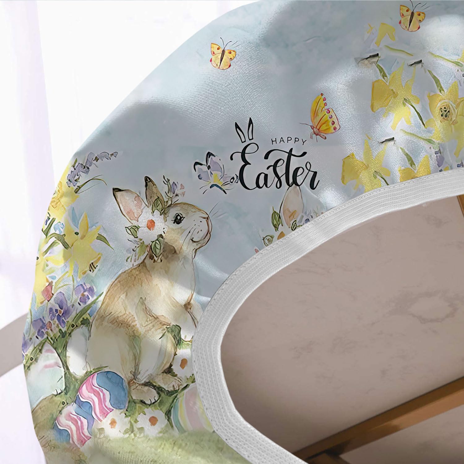 Easter Oval Elastic Fitted Tablecloth, Rabbits Spring Flowers Bunny Elastic Edged Table Cover, for Kitchen Dining, Party, Holiday, Christmas, Buffet, Fits to 48" x 68" Oval Table
