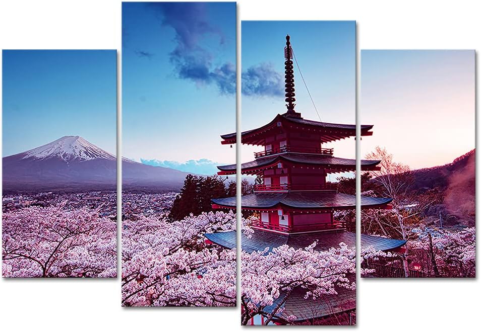 Derkymo 4 PCS Janpan Mount Fuji and Chureito Pagoda Pictures Cherry Blossom Flower Canvas Wall Art Landscape Prints for Wall Modern Artwork Stretched and Framed Ready to Hang 12"x24"x2pcs+12"x32"x2pcs