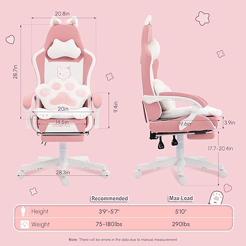 Miniatura 2 de Dowinx Silla Gaming Bonita con Orejas de Gato y Soporte Lumbar con Forma de Pata, Silla Ergonómica de Computadora para Niña con Reposapiés y