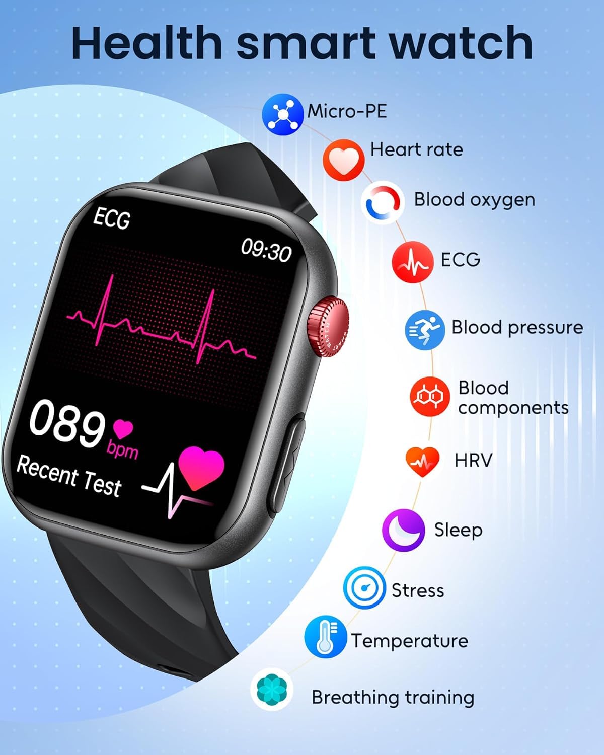 ECG Montre Connectée Smartwatch Santé: avec HRV IMC Appel Bluetooth 130+ Modes Sportif Sommeil Fréquence Cardiaque SPO2 Étanche Podomètre Fitness Tracker 1.97" Montre Sport Homme pour Android iOS