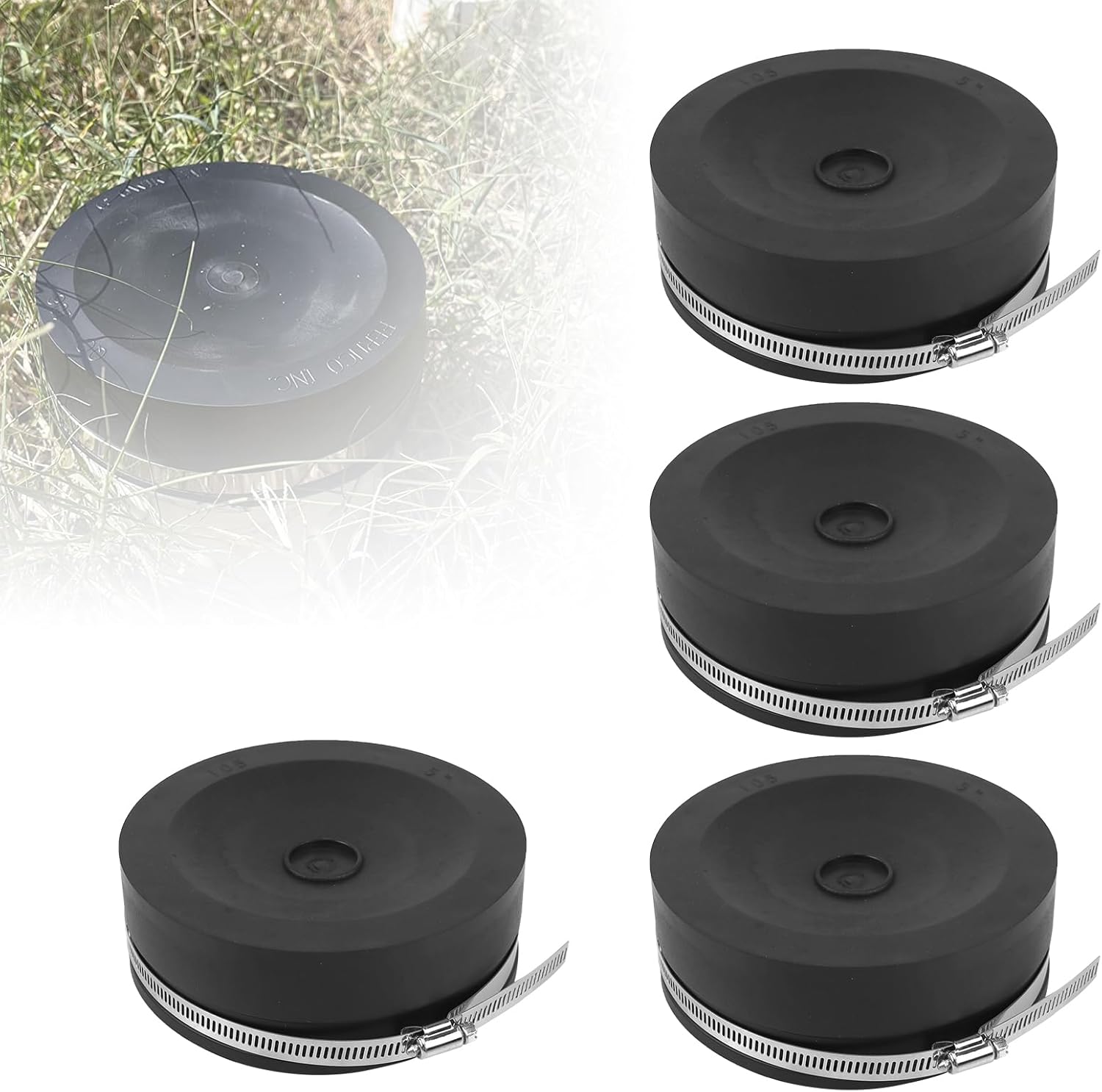RULLINE 4PCS 5" Flexible PVC Cap with Stainless Steel Clamps Sewer Cleanout Cap Black PVC Pipe Cap