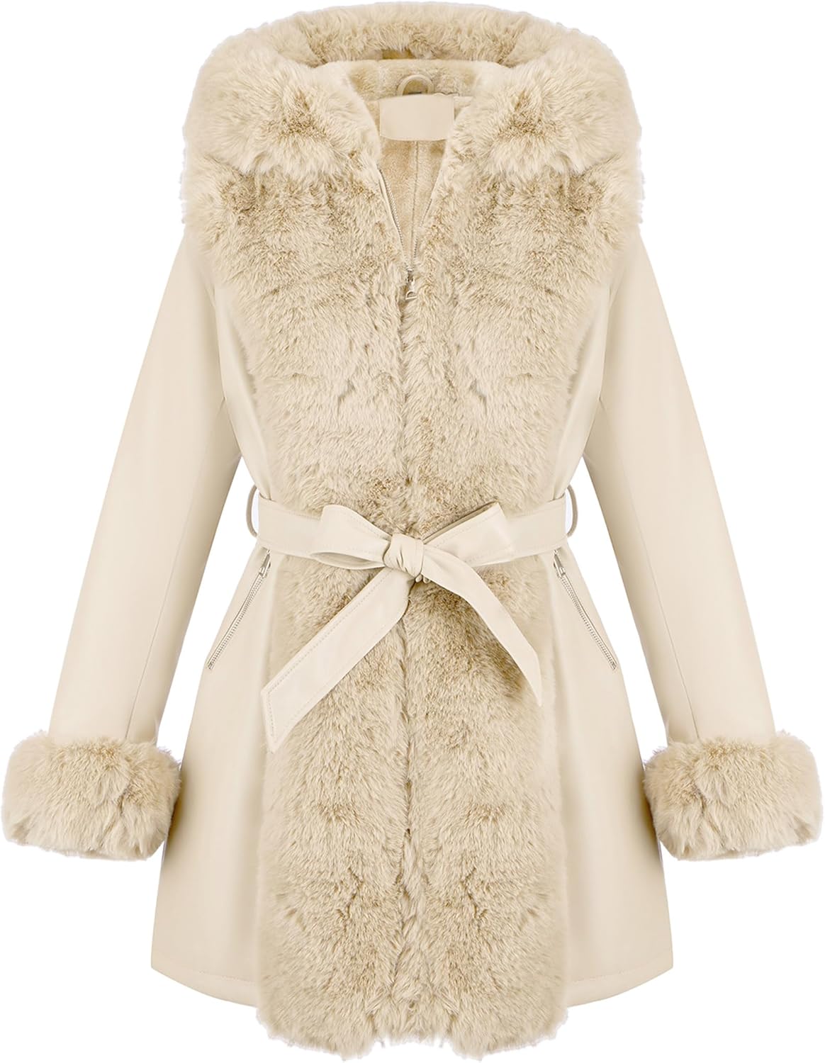 RISISSIDA Luxurious Women Winter Fur Lined Coat, Leather Jacket with Hooded Long Fur Collar, Thick Warm Heavy Overcoat Belted