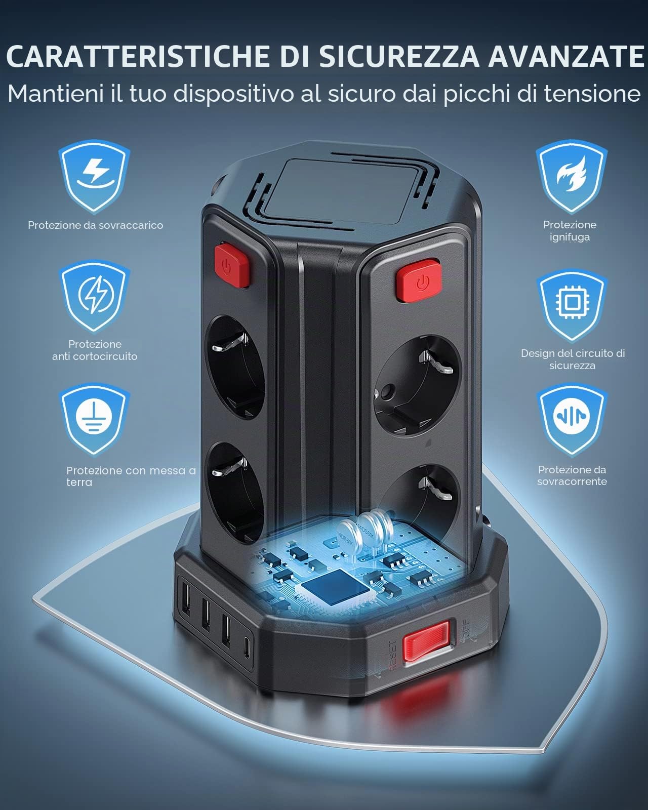 3 M Ciabatta Elettrica Multipresa, con 8 Prese e 3 USB A+1 USB C, protezione Sovratensione con interruttori indipendenti, Negro F (Schuko)