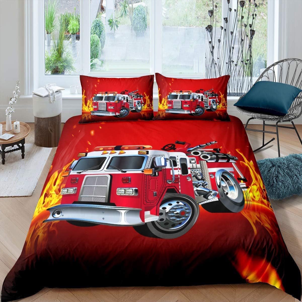 Parure de lit pompier pour chambre d'enfant rouge et design véhicule héroïque