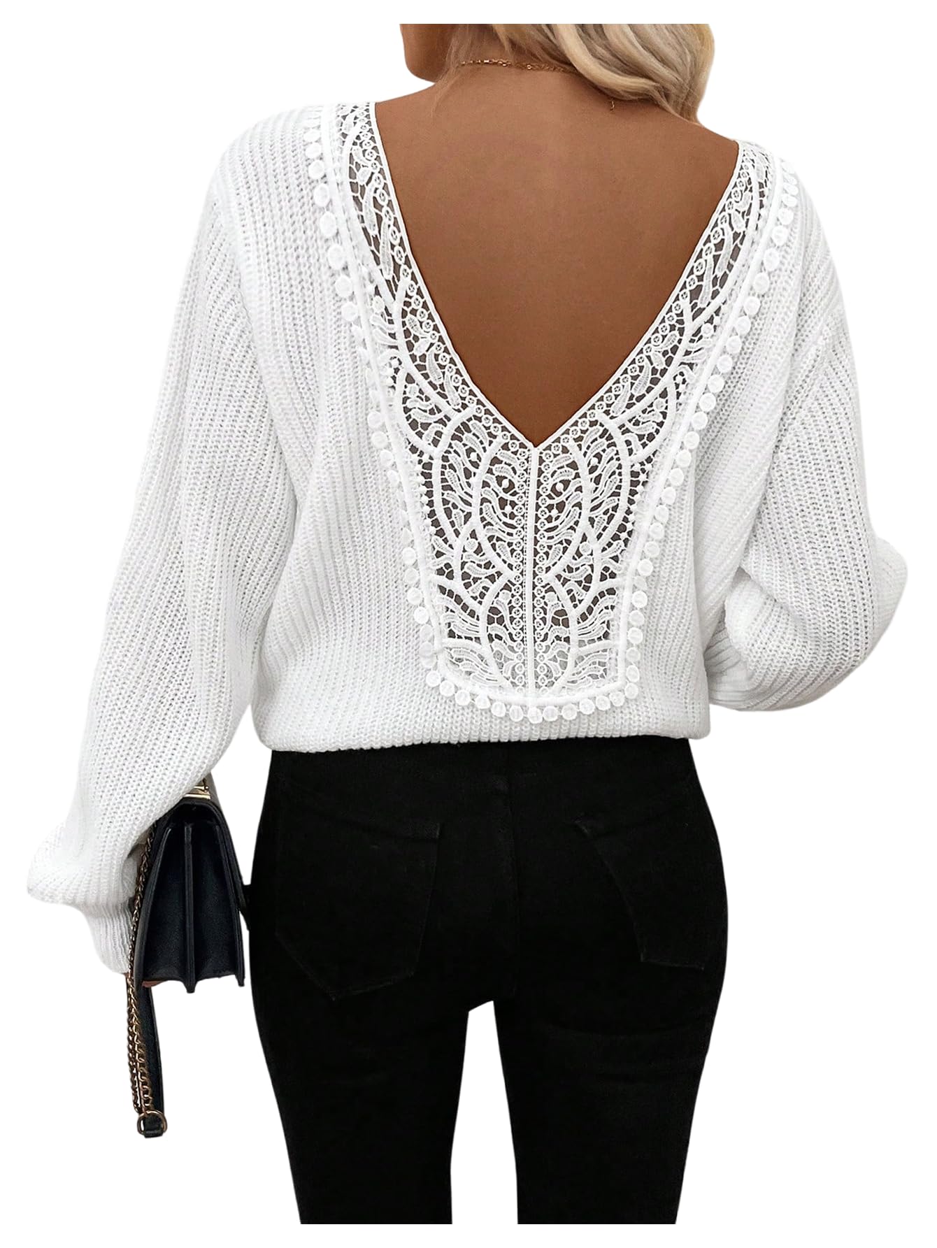 GORGLITTER Womens Lace Open Back Sweater Tops Long Sleeve V Neck Cut Out Knit Top Backless Fall Sweater
