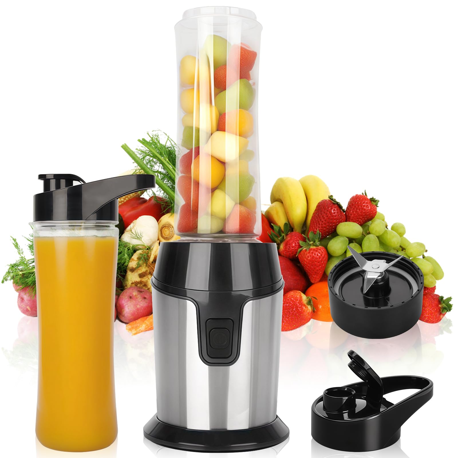 heuchaey Mini frullatore elettrico frullatore frullatore portatile con 2 bottiglie BPA-Free portatili da 600 ml, con 4 lame in acciaio inox, per frullati e alimenti per bambini