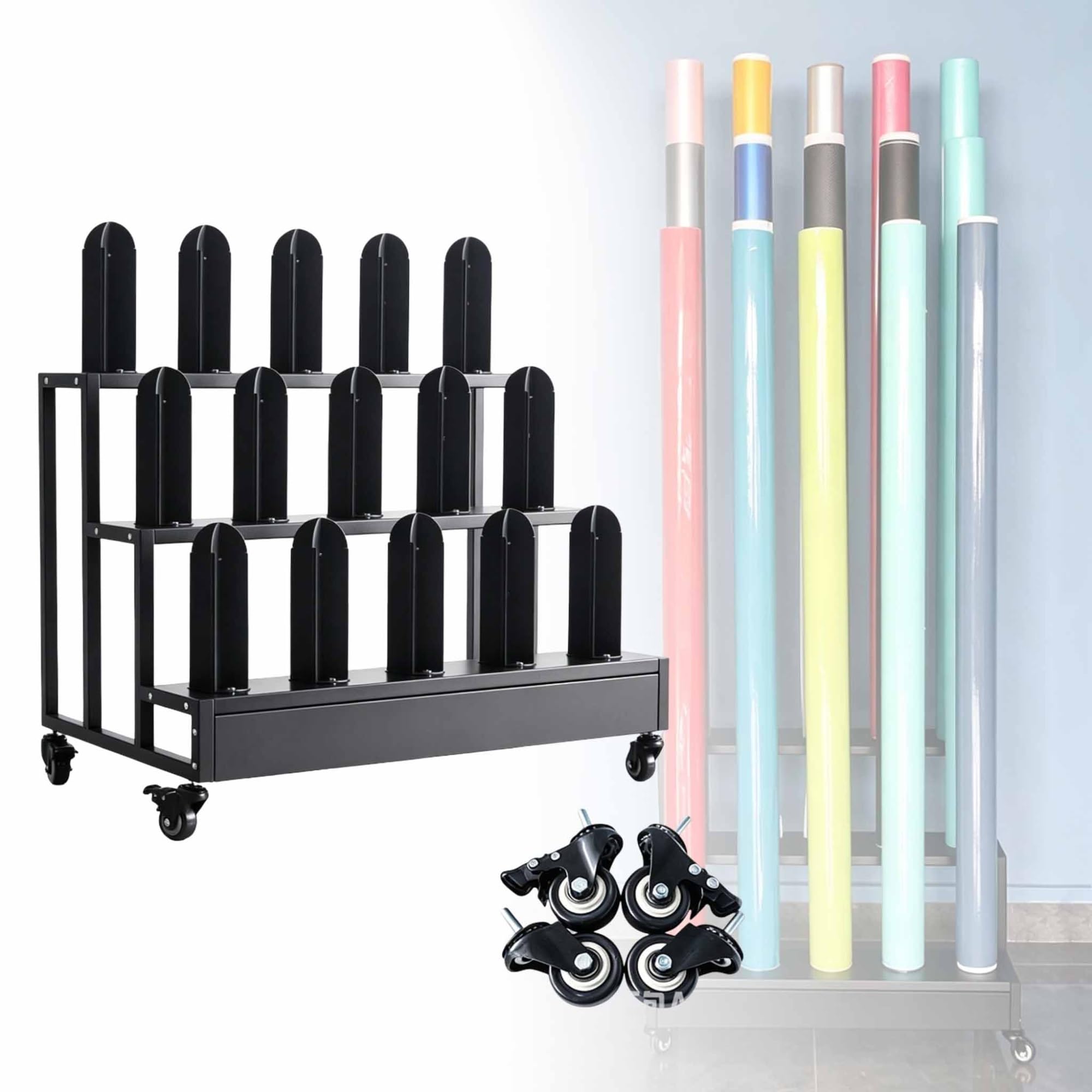 Rolling Vinyl Roll Storage Rack Cart, Vinyl Wrap Holder with Wheels