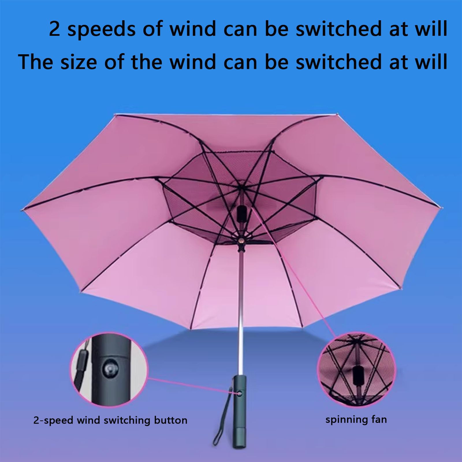 Parasol słoneczny, parasol ochronny ze sprayem i wentylatorem, przenośny parasol golfowy, dwie prędkości wiatru, ładowanie przez USB, idealny na festiwale, plażę (black blue)