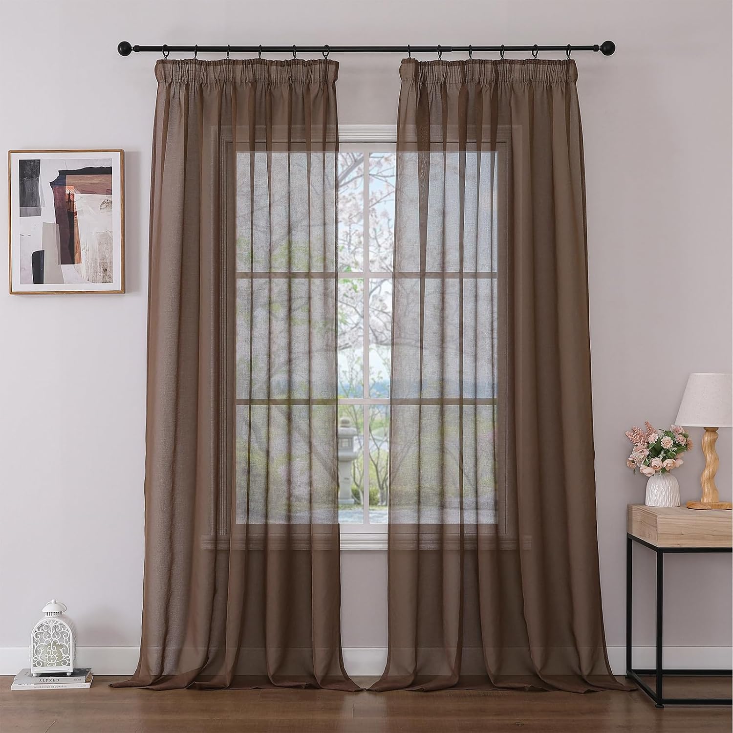 Joydeco Lot de 2 Rideau Voilage Marron 140x260cm avec Galon Fronceur pour Rail, Voilage Fenêtre Semi-Transparent pour Filtrage de Lumière et Décoration de Chambre Salon (Crochets Non Inclus)