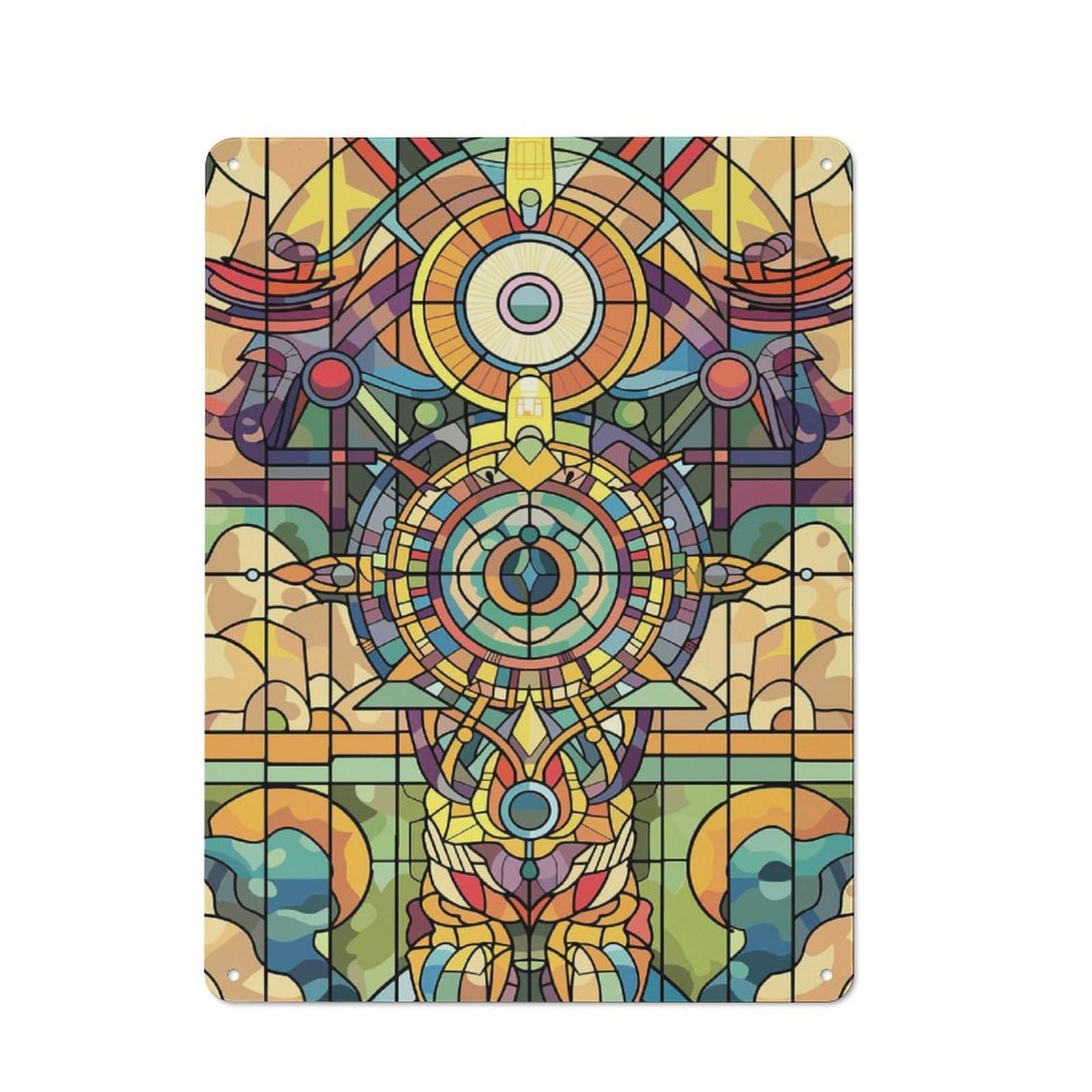 Junmoney Style-24 Abstract Stained Glass Art Distressed Look Metal Wall Decor 40X30cm, Vintage Tin Sign For Living Room, Hallway, Kitchen Or Cafe