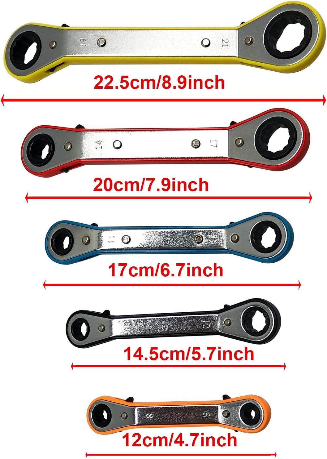 MacWork 5-Piece Offset Ratcheting Wrench Set Five Colors Reversible Universal Ratchet Double Ring Spanners,Professional Heat Treated Alloy Steel Metric Combination