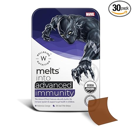 Wellbeing Nutrition Marvel Black Panther Melts | Kids Organic Advanced Immunity with Vitamin C, Zinc & Vitamin D3 | 100% Plant Based | Valencia Orange (30 Oral Strips)