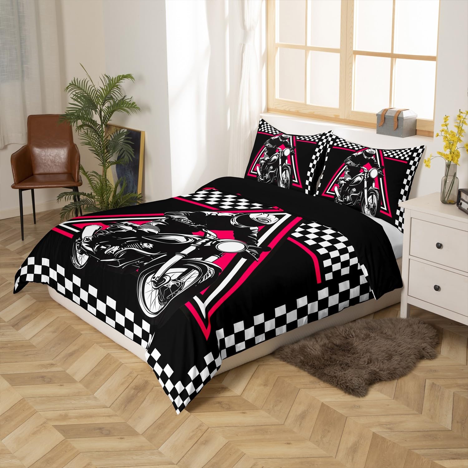 Castle Fairy Kids Dirt Bike Decorations,Racing Motocross Rider Duvet Cover for All Season,Extreme Sports Bedroom Decor Comforter Cover (No Filler) Full Size,3PCS