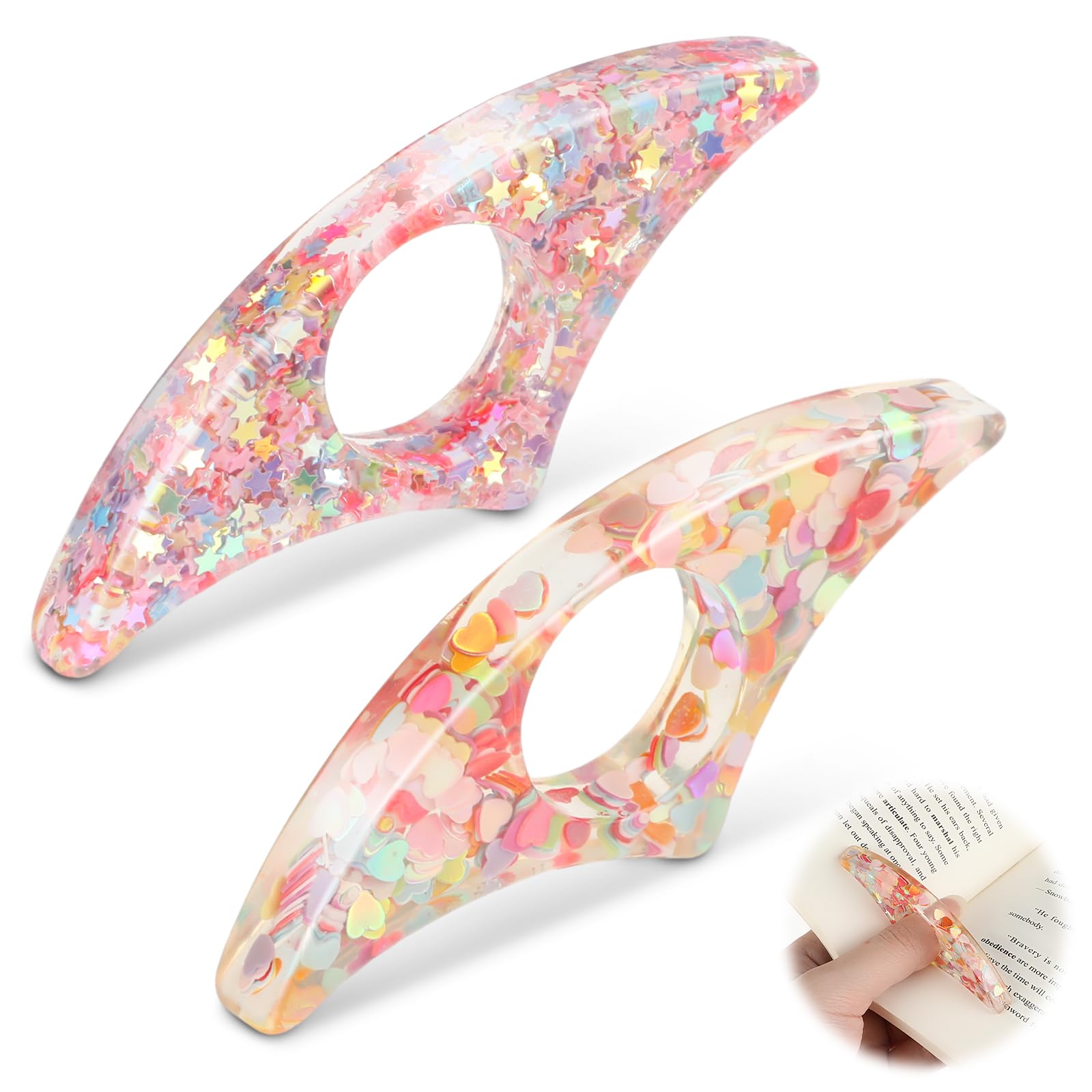 Ouligay 2 soportes para páginas de libros, soporte de resina para el pulgar, anillo transparente para el pulgar, hecho a mano, marcador de libros, accesorios de lectura para profesores, amantes de los