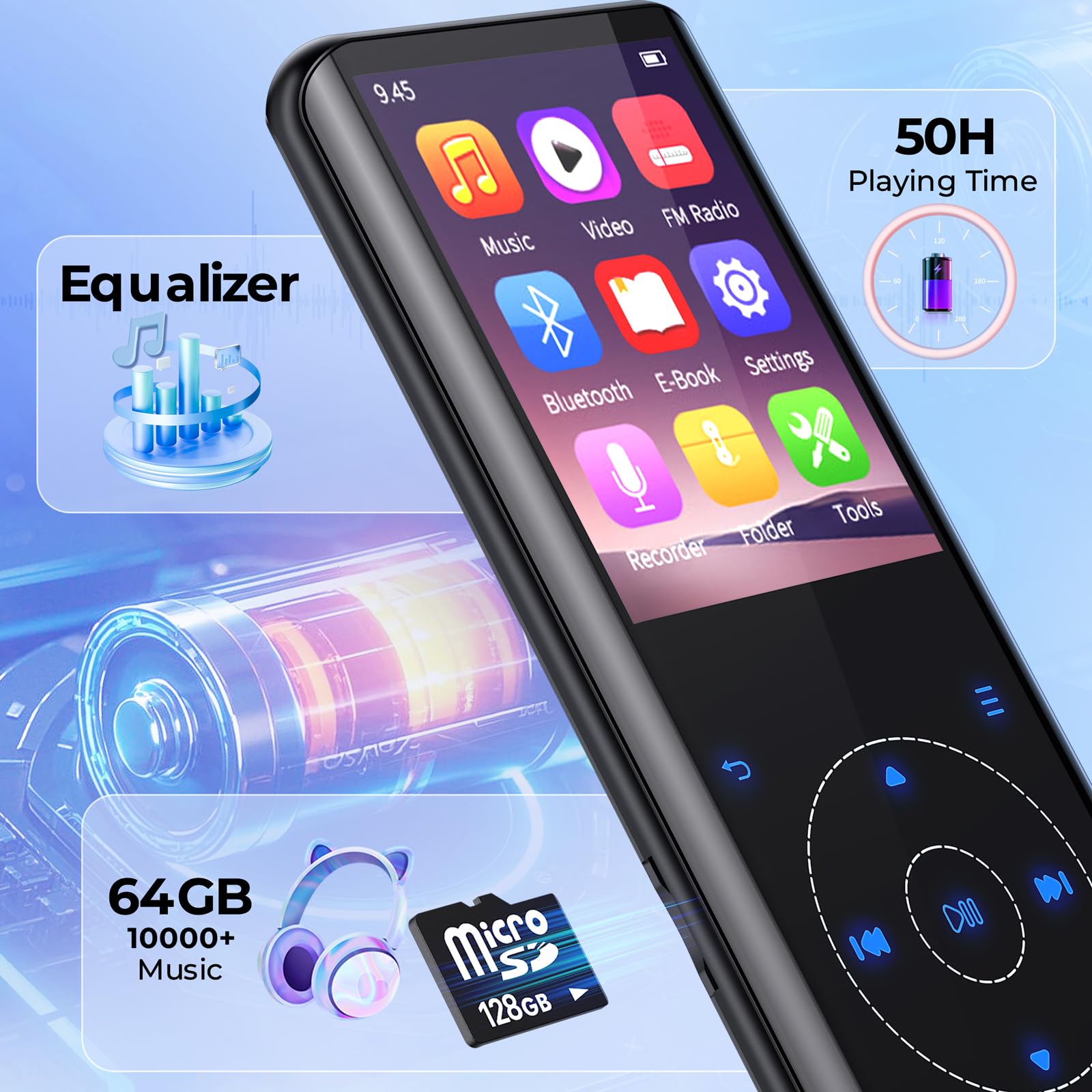 64GB Reproductor MP3 Bluetooth 5.3 con Diseño Metálico Curvo y Pantalla de 2,4 Pulgadas, Altavoz Integrado, Sonido HiFi Lossless, Teclas Táctiles, Radio FM, Grabadora de Voz, Ampliable hasta 128GB