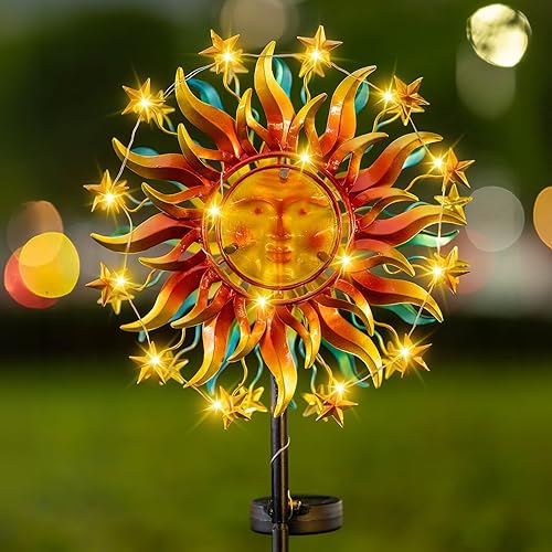 Miniatura 9 de Molinillo de viento solar, 60.63 pulgadas de metal para exteriores, bola de vidrio LED multicolor alimentada por energía solar con escultura de