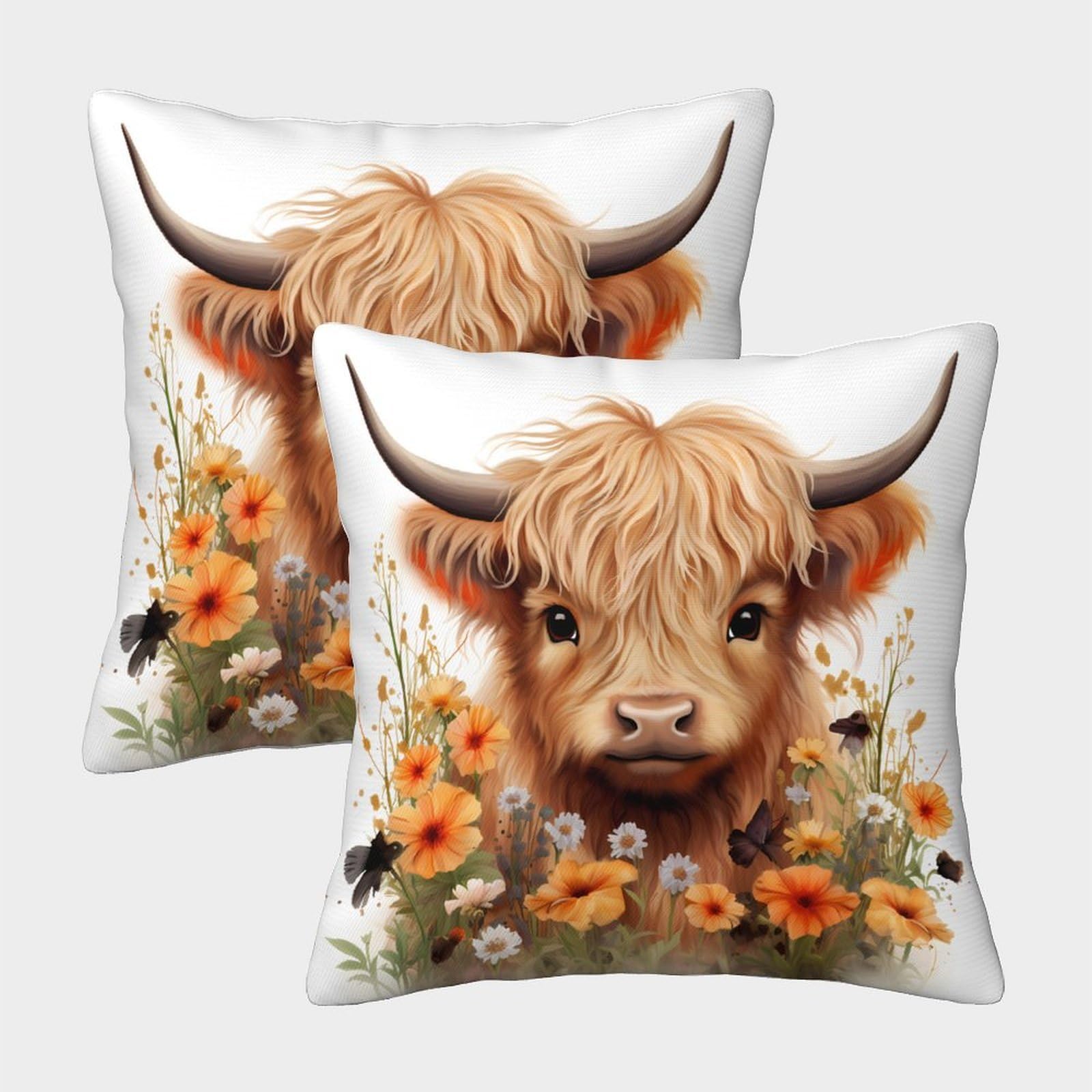 Highland Cow—Floral Art Style Pillow Covers 2 Pack Cozy Pillowcase Art Cushion Covers with Invisible Zipper Decor for Couch Livingroom 45x45cm