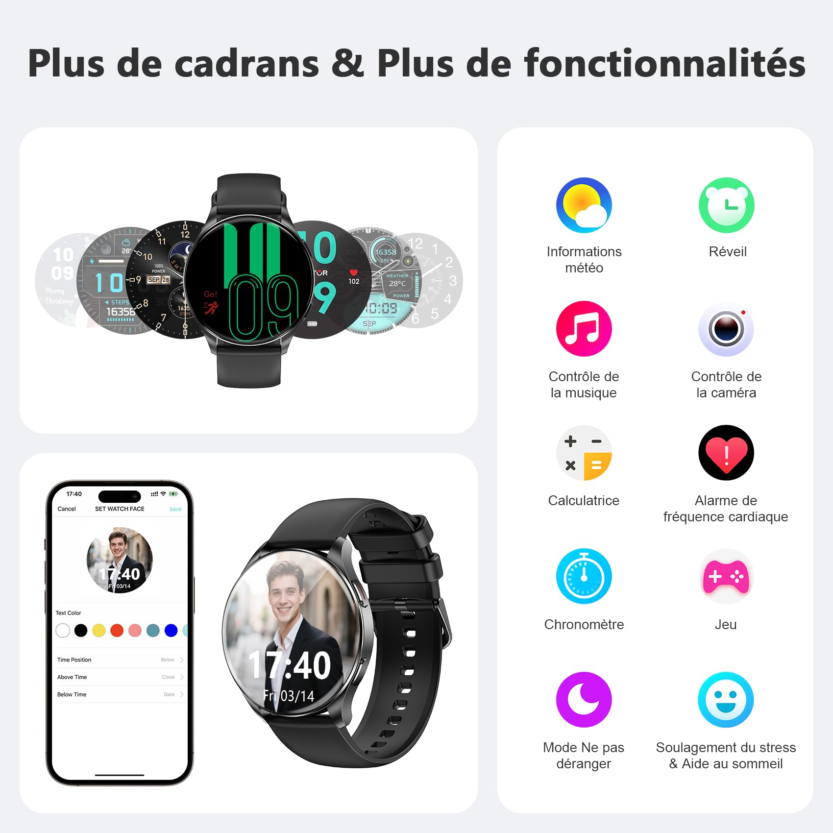 Blackview Montre Connectée Smartwatch Hommes Femmes - Écran AMOLED 1.43", Appels Téléphoniques Directs, Moniteur Fréquence Cardiaque 24/7 et Sommeil, Compatible Android iOS, Montre Sport Étanche IP68