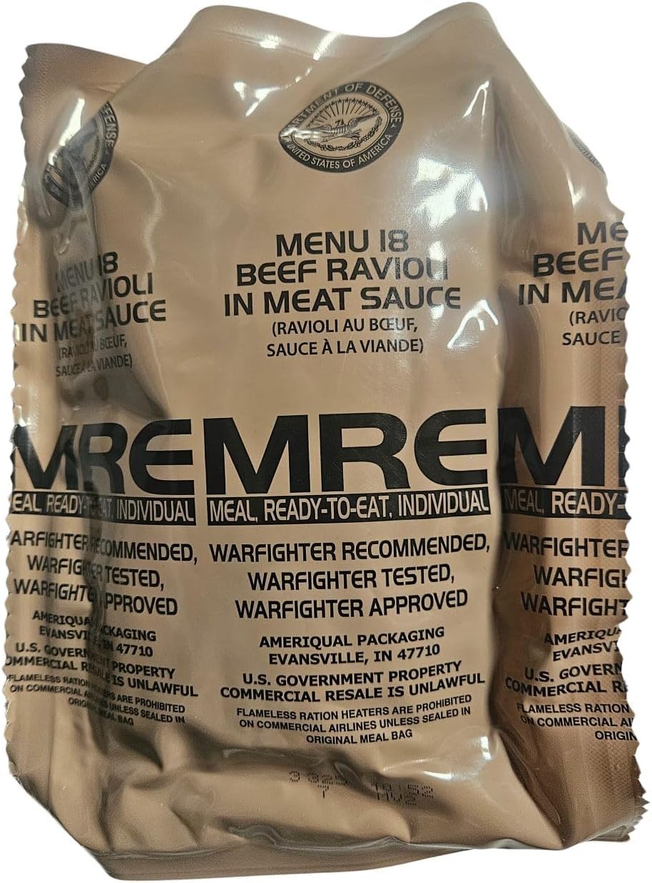 Genuine USGI MRE [Meal, Ready to Eat] Inspection Date 01/2026 or Newer [New Packaging] - You Choose Menu Ration with Entree, Snacks, Dessert, Drink Mix, Utensils, Condiments and FRH. (Beef Ravioli)