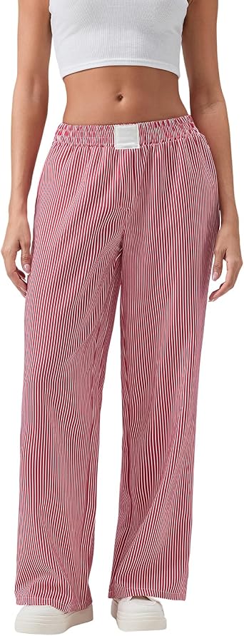 XBTCLXEBCO Women Y2K Striped Lounge Pants Elastic Waist Straight Wide Leg Pajama Bottoms Casual Going Out Trousers Pants