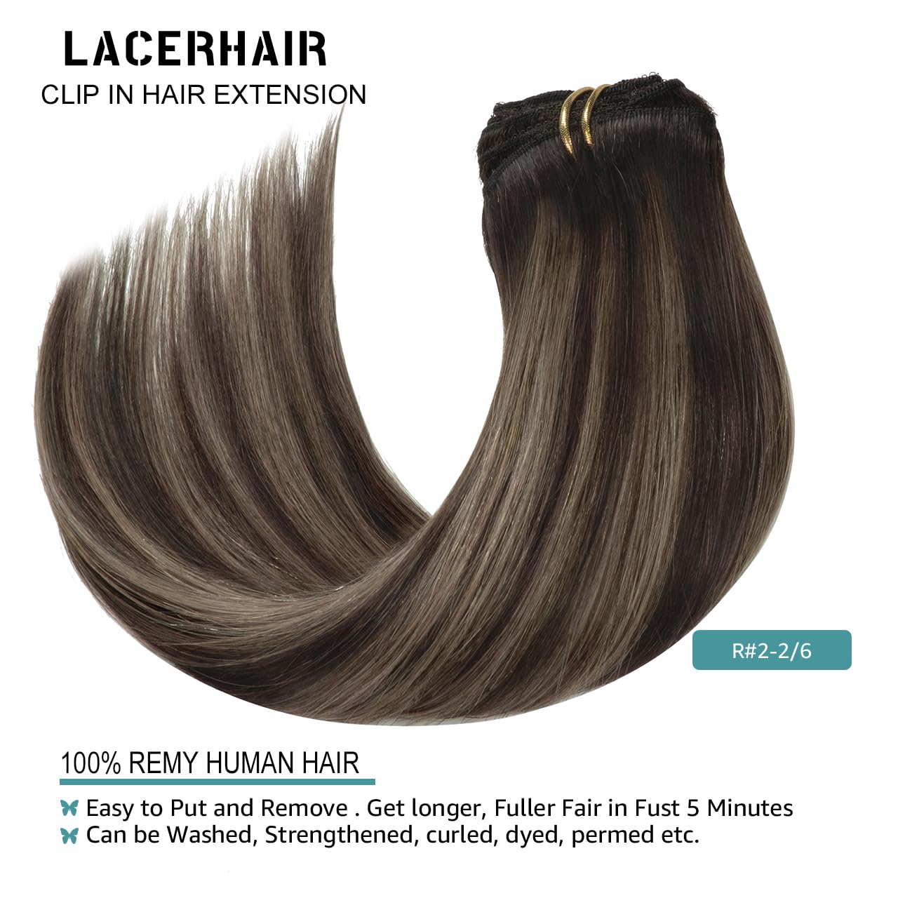 Lacer Clip in Hair Extensions Real Human Hair Silky Straight Clip in Extensions Dark Brown to Medium Brown Highlight R#2-2/6 120g 7pcs with 16 Clips per Set 18 Inch