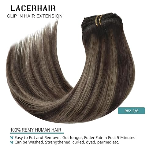 Miniatura 5 de Lacer Extensiones de cabello humano Remy con clip, de 14 pulgadas, con raíces de color marrón oscuro a castaño con reflejos marrón oscuro, 4.23 oz,