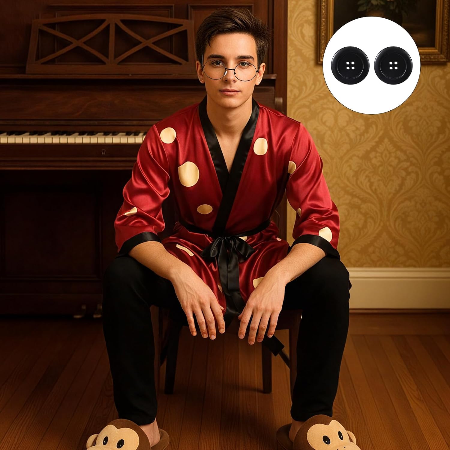 Chicingyou Halloween Father Costume Set Including Button Eyeglasses, Red Silk Robe Jacket, Polka Dot Yellow Sticker Horror Movie Costume for Men Cosplay