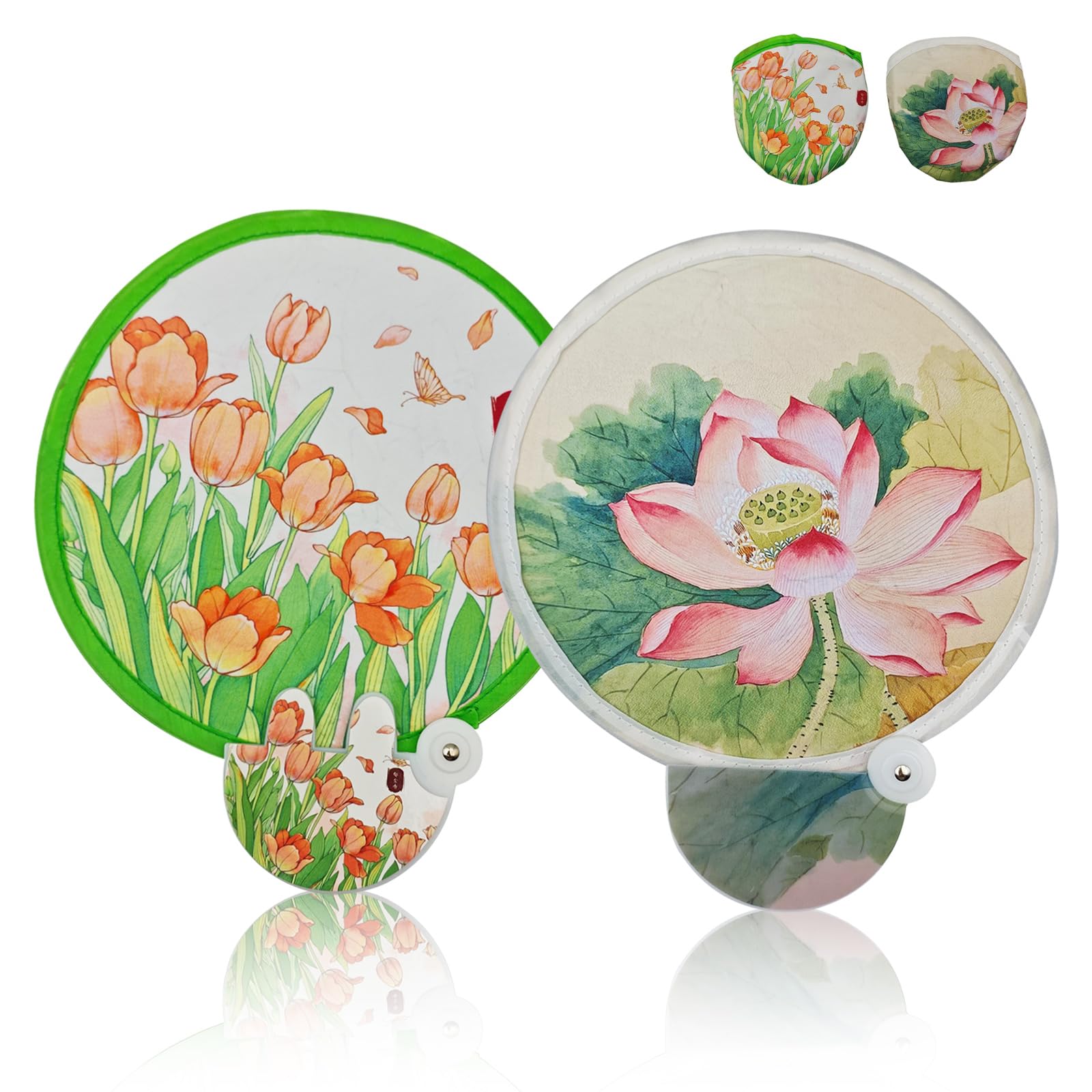 FOSDICK 2 PCS Round Folding Fan, Flowers Hand Fan Folding, Foldable Round Fans, Portable Summer Handheld Foldable Fans with Case Beautiful Patterns For Wedding Party Home Decor Personal Decoration