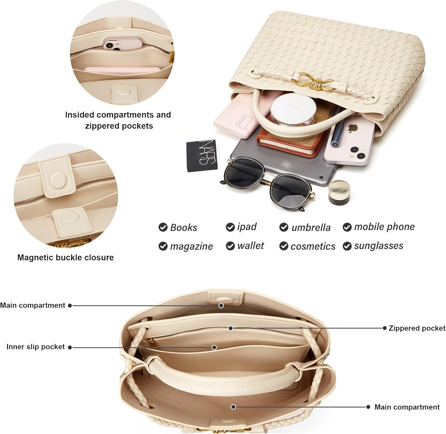 BOYATU Woven Tote Bag Womens Purse: Vegan Leather Shoulder Handbags - Fashion Summer Beach Tote Bags - Large Travel Totes - Image 4