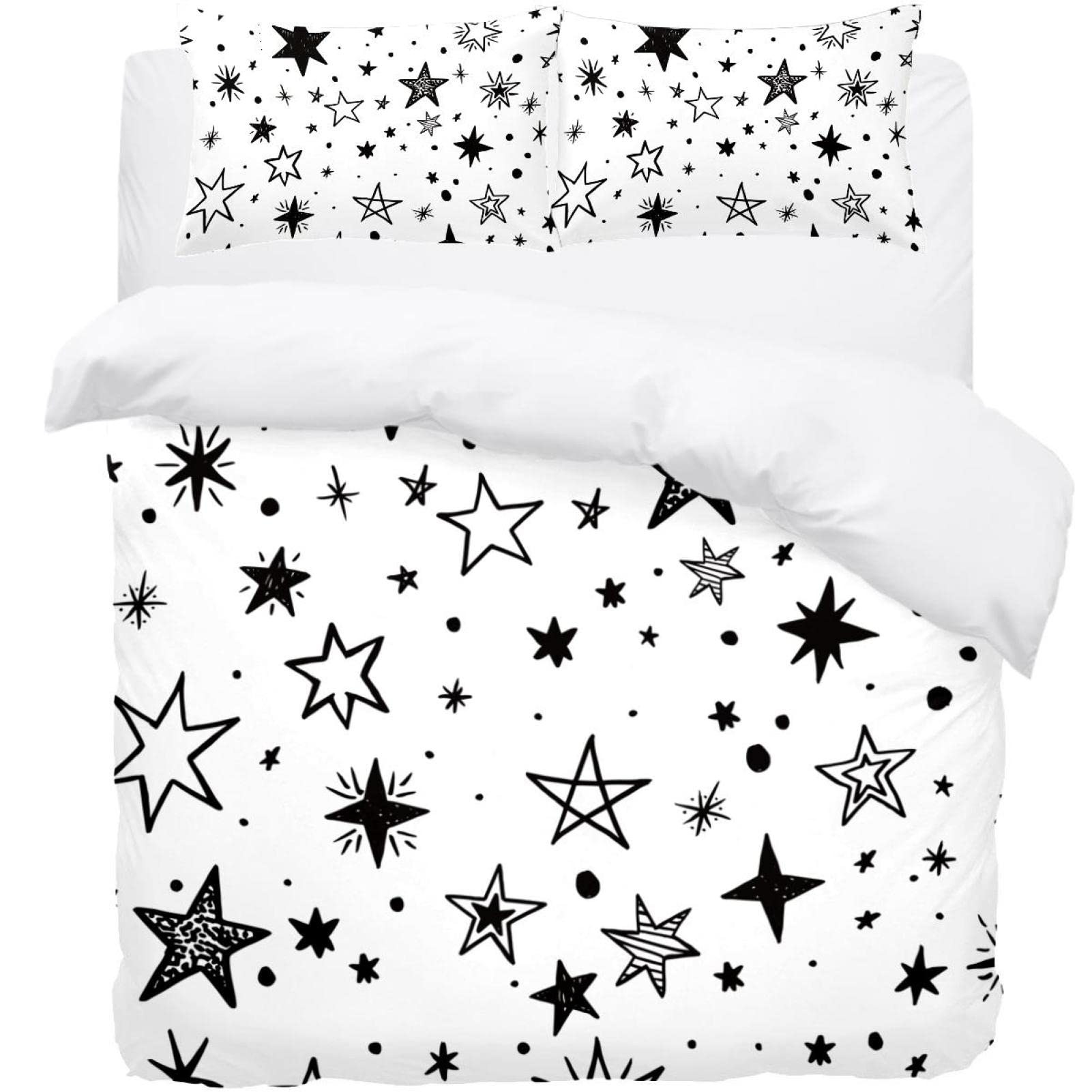 Housse de couette étoiles noir et blanc avec 2 taies d'oreiller pour parure de lit 3 pièces